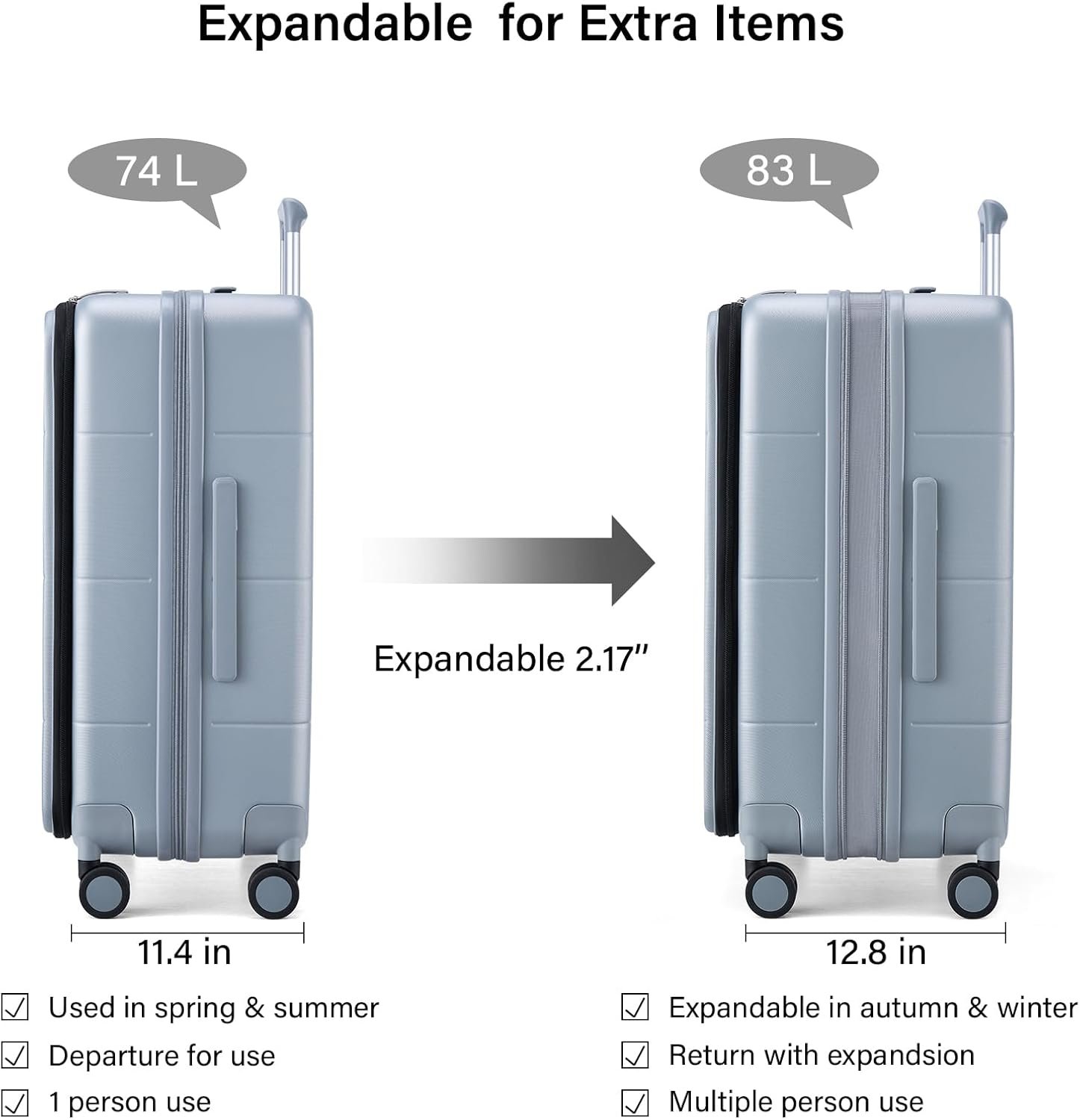 Hanke 24 Inch Expandable Checked Luggage Hard Shell Suitcases with Wheels Top Opening TSA Luggage Rolling Large Suitcases for Travel Luggage(Grey) - Image 3