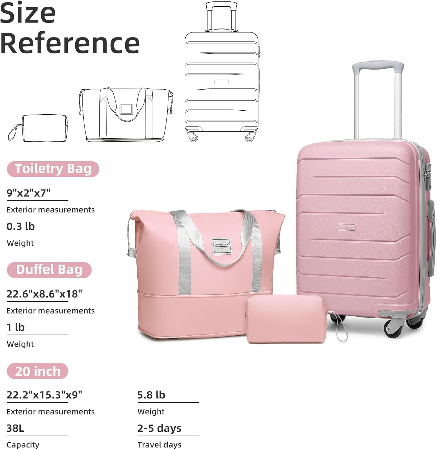 LARVENDER 3-Piece Carry On Luggage for Women,Hard Shell Suitcase 20Inch Carry On Luggage 22x14x9 Airline Approved, Spinner Wheel and TSA Lock(Pink 20Inch/DB/TB) - Image 7