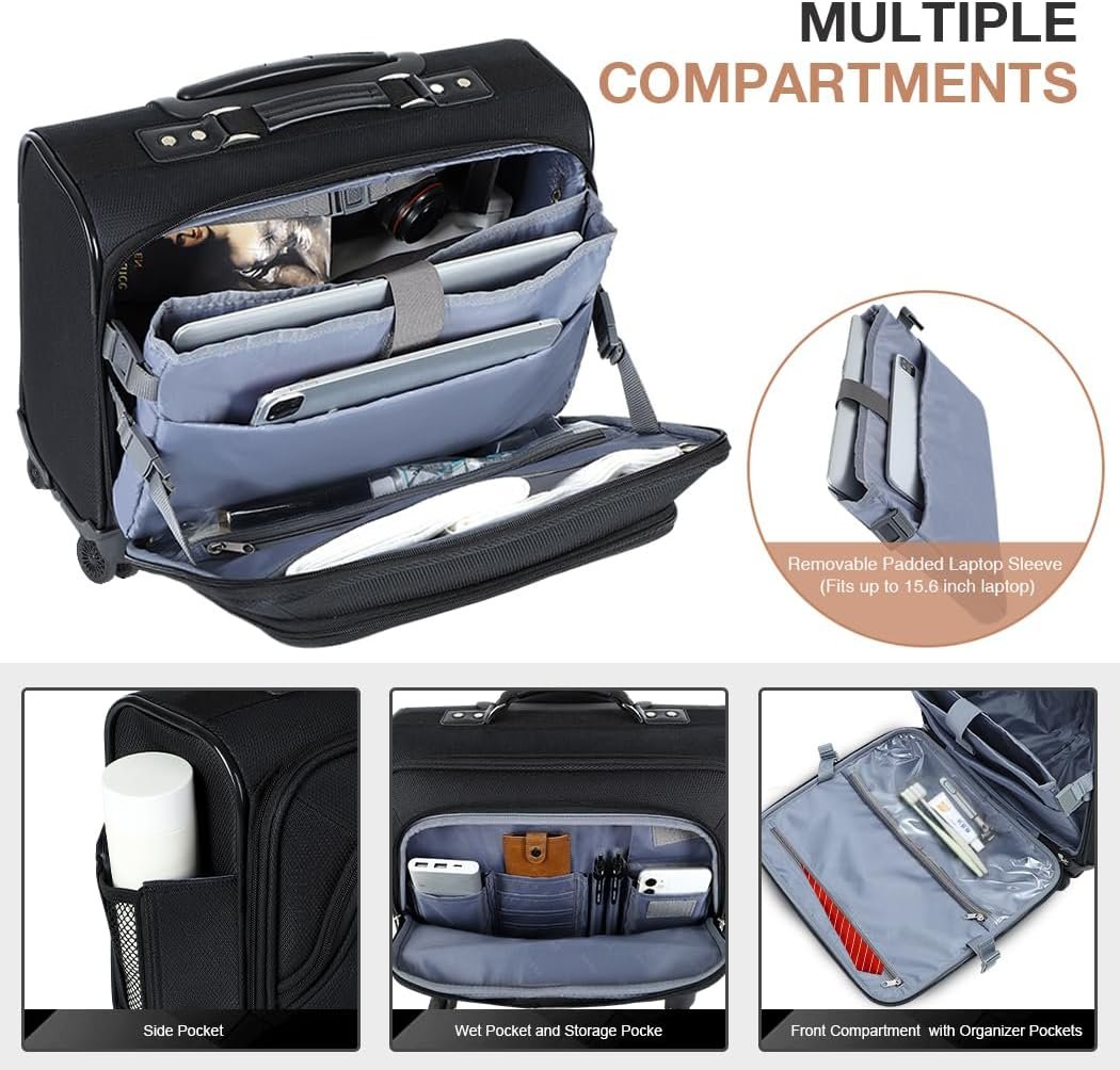 Lekebobor Rolling Laptop Bag With a Compact Combination Lock,Rolling Laptop Briefcase on Wheels for Women/Men Fits Up to 15.6Inch computer Bags Water Resistant for Work Travel and Business, Black - Image 3
