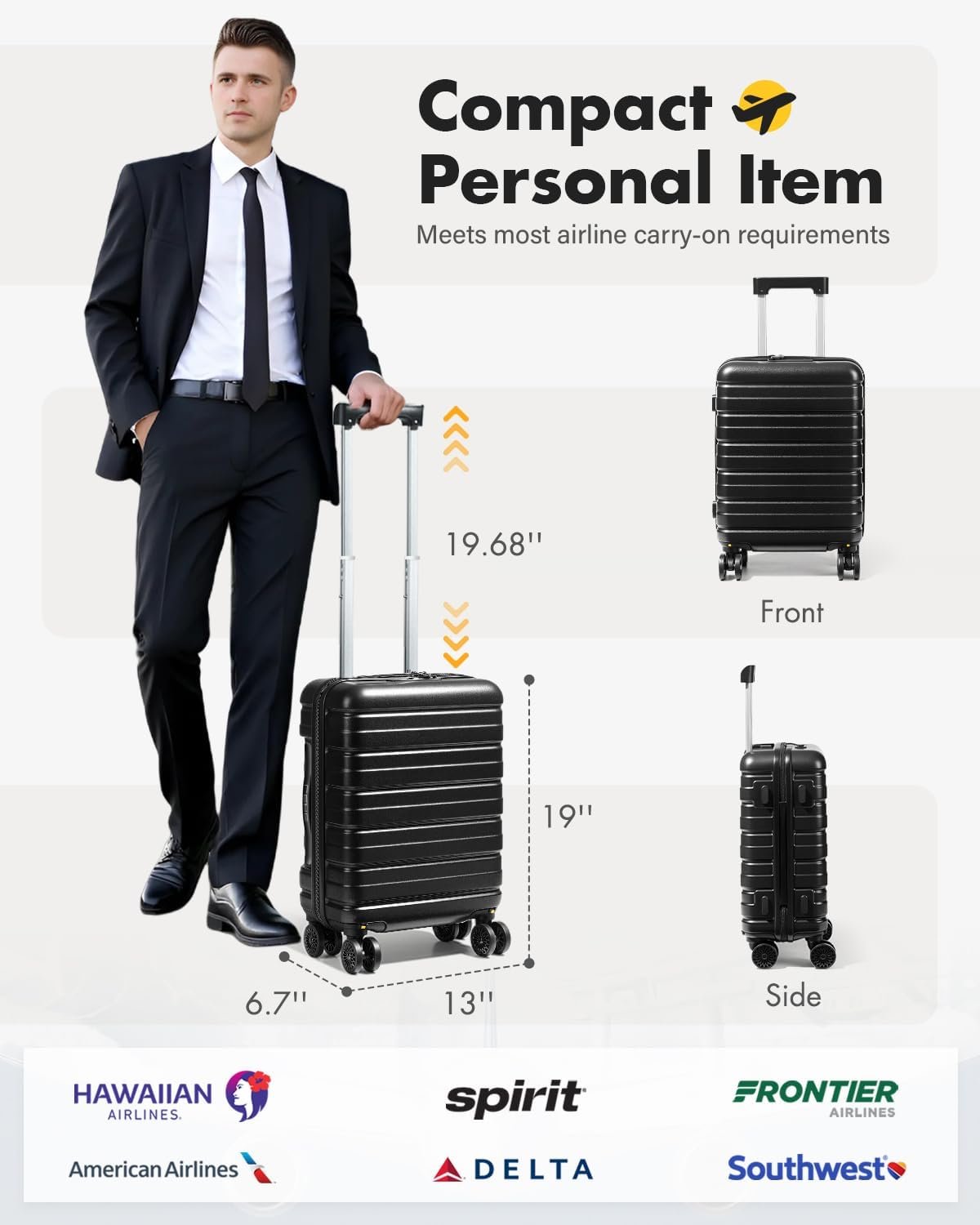 Lekesky 18 Inch Carry On Luggage 22x14x9 Airline Approved, Hard Shell Suitcase with TSA Lock, Lightweight Spinner Wheels Durable ABS Compact Carry-On Bag for Women Men Travel Weekend Trips, Black - Image 3