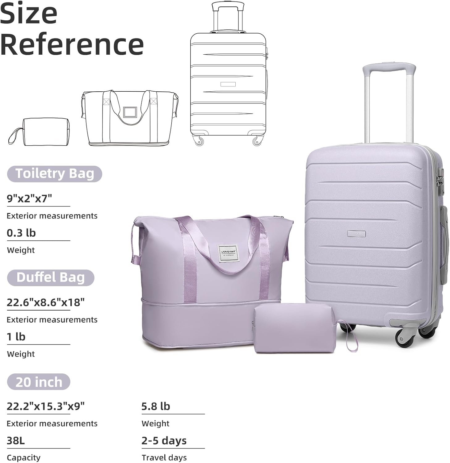 LARVENDER 3-Piece Carry On Luggage for Women,Hard Shell Suitcase 20Inch Carry On Luggage 22x14x9 Airline Approved, Spinner Wheel and TSA Lock(Lavender 20Inch/DB/TB) - Image 7