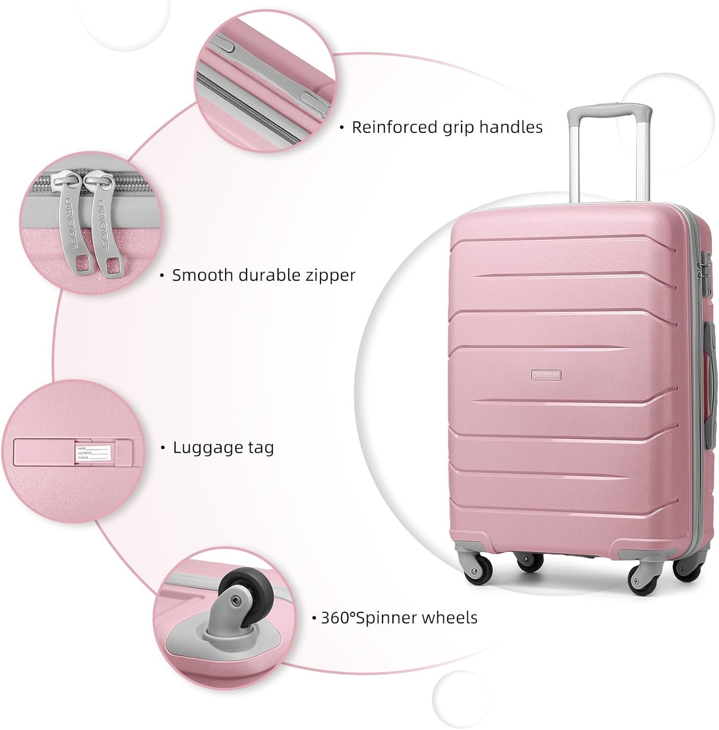 LARVENDER 3-Piece Carry On Luggage for Women,Hard Shell Suitcase 20Inch Carry On Luggage 22x14x9 Airline Approved, Spinner Wheel and TSA Lock(Pink 20Inch/DB/TB) - Image 5