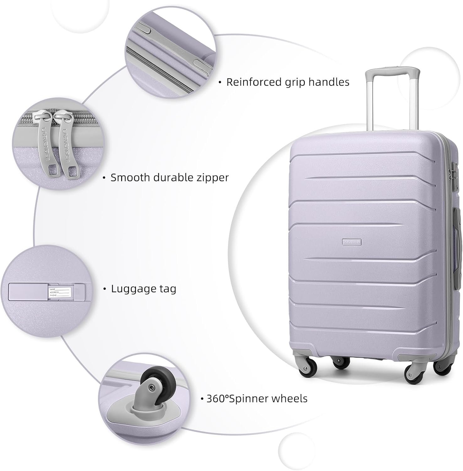 LARVENDER 3-Piece Carry On Luggage for Women,Hard Shell Suitcase 20Inch Carry On Luggage 22x14x9 Airline Approved, Spinner Wheel and TSA Lock(Lavender 20Inch/DB/TB) - Image 5