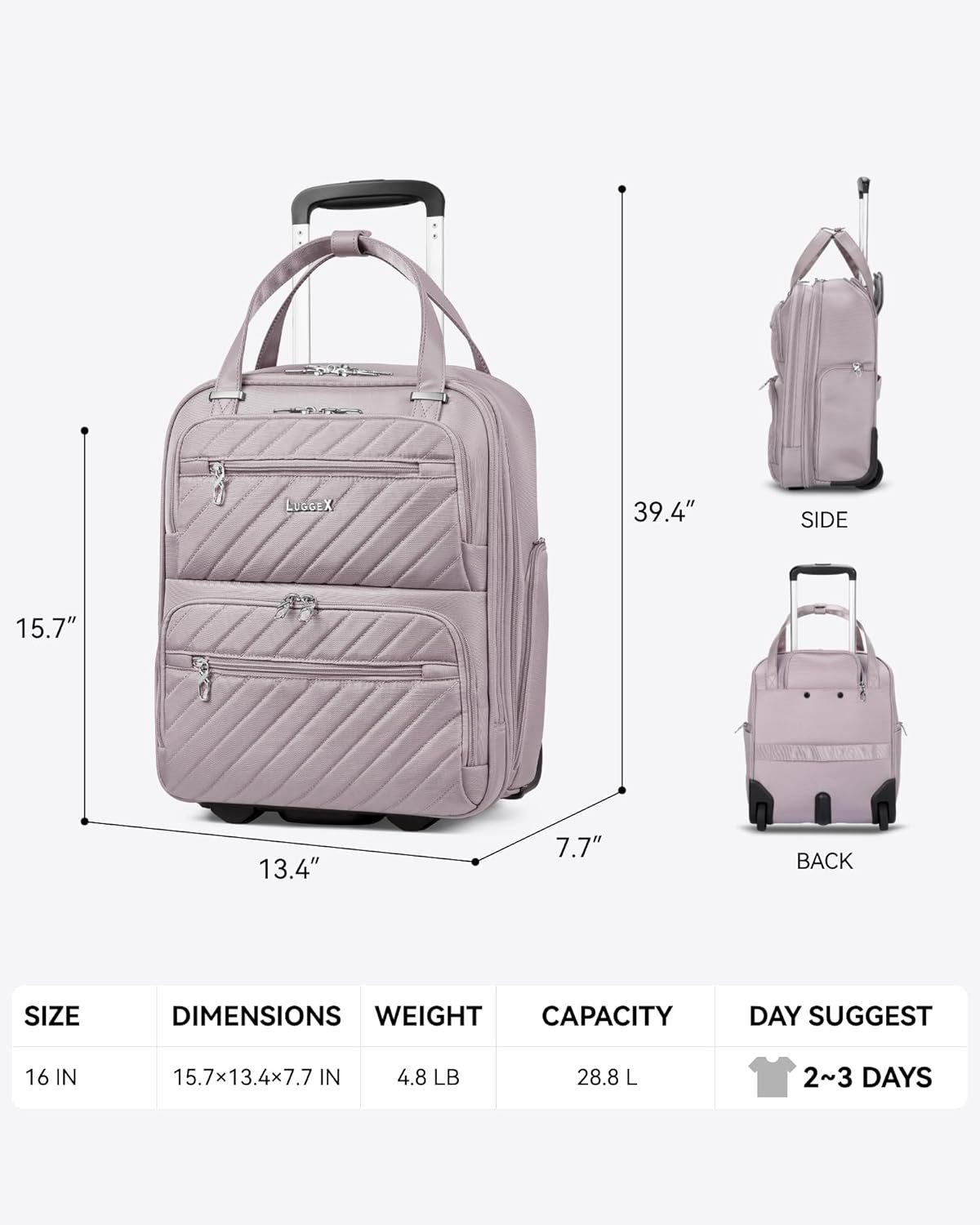 LUGGEX Underseat Carry On Luggage with Wheels, Stylish Lightweight Under Seat Luggage, Soft Sided Personal Item Suitcase for Short Trip (Grey Pink, 16 Inch) - Image 8