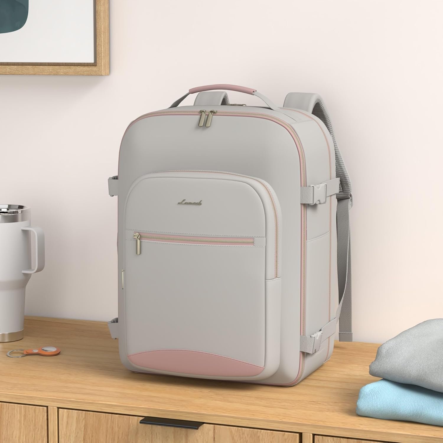 LOVEVOOK Carry on Travel Backpack, 40L Waterproof Large 17inch Laptop Luggage Daypack as Personal Item Flight Approved, Business Weekender Overnight with 3 Packing Cubes, Light gray-Pink - Image 3