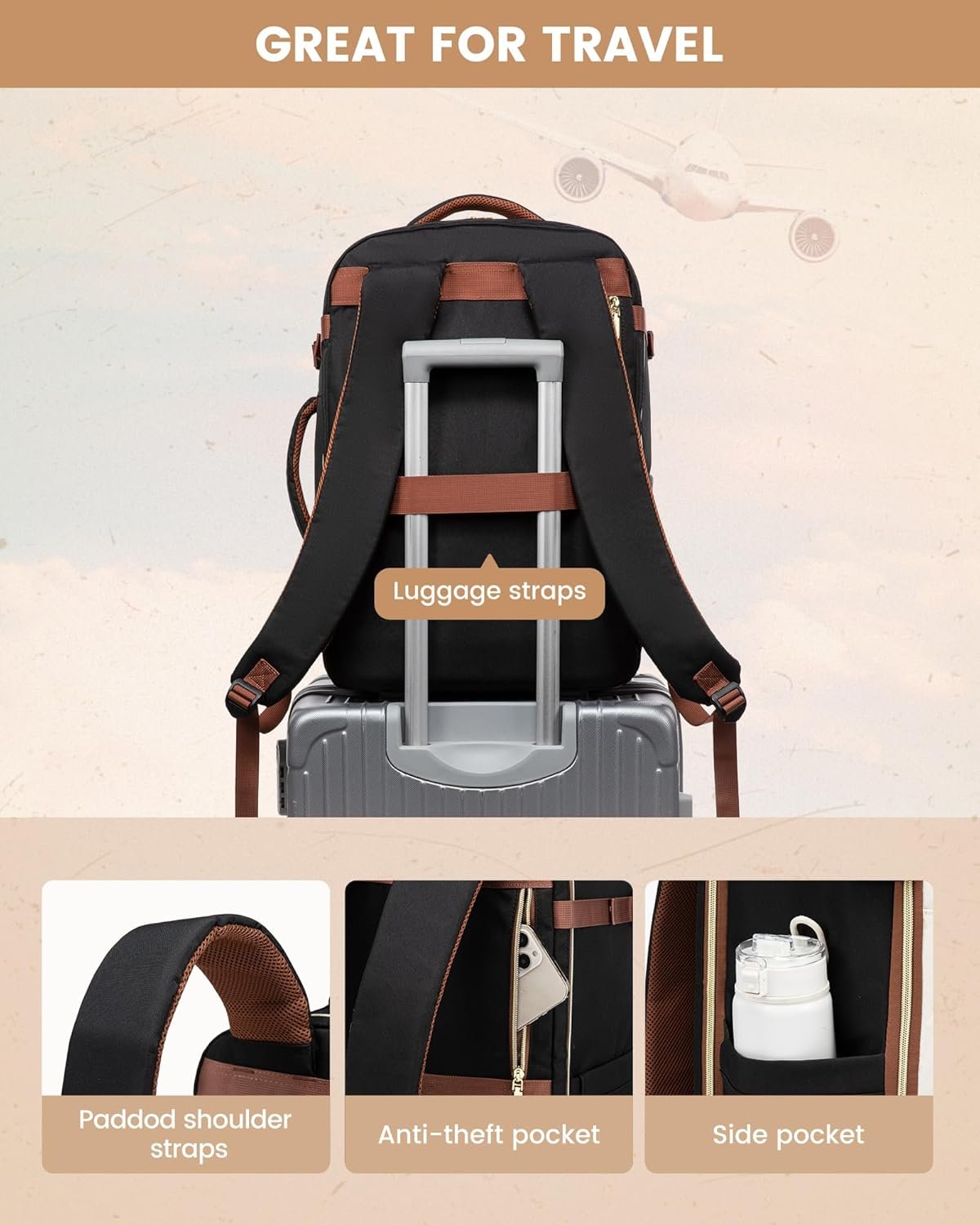 LOVEVOOK Travel Backpack Carry on Flight Approved 40L,Waterproof TSA Travel Essentials Personal Item Backpack for Women Men,Large Carry on Luggage Suitcase Travel Bag for Airplane with 3 Packing Cubes - Image 7