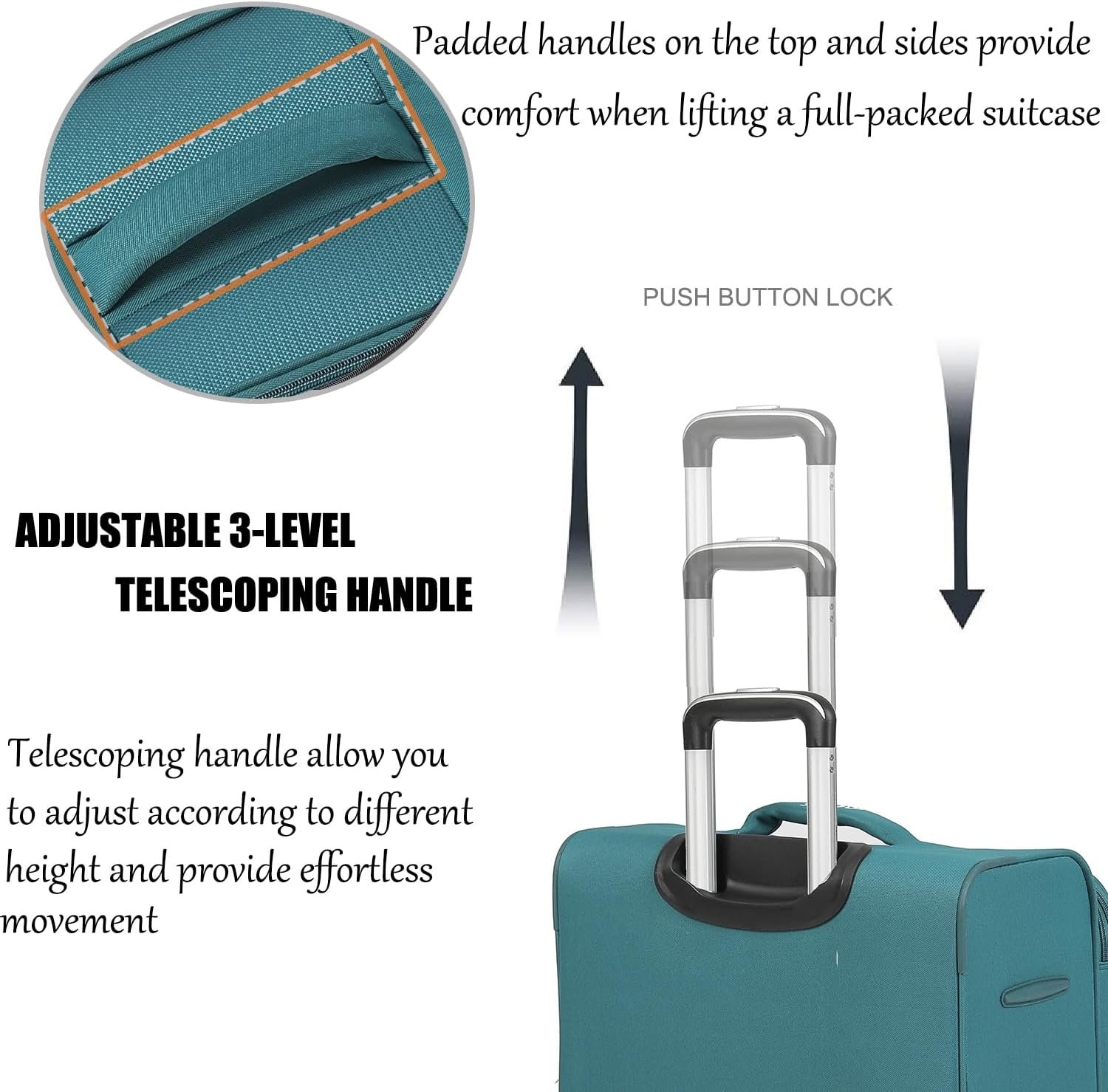 Luggage Sets 3Piece Softside Extra Large Size Expandable Lightweight Durable Suitcase Sets Double Spinner Wheels Combination Lock Blue Luggage For Overseas Journey(21in/25in/29in)(Teal) - Image 3