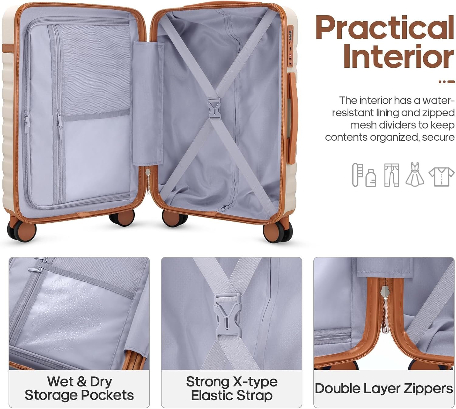 Luggage Sets 3 Piece, Carry On Luggage 20 Inch With Spinner Wheels,PC Hardside Suitcase Set with TSA Lock,Durable Carry On Suitcase With Travel Backpack for Men (Beige, 3 piece set (20inch)) - Image 3