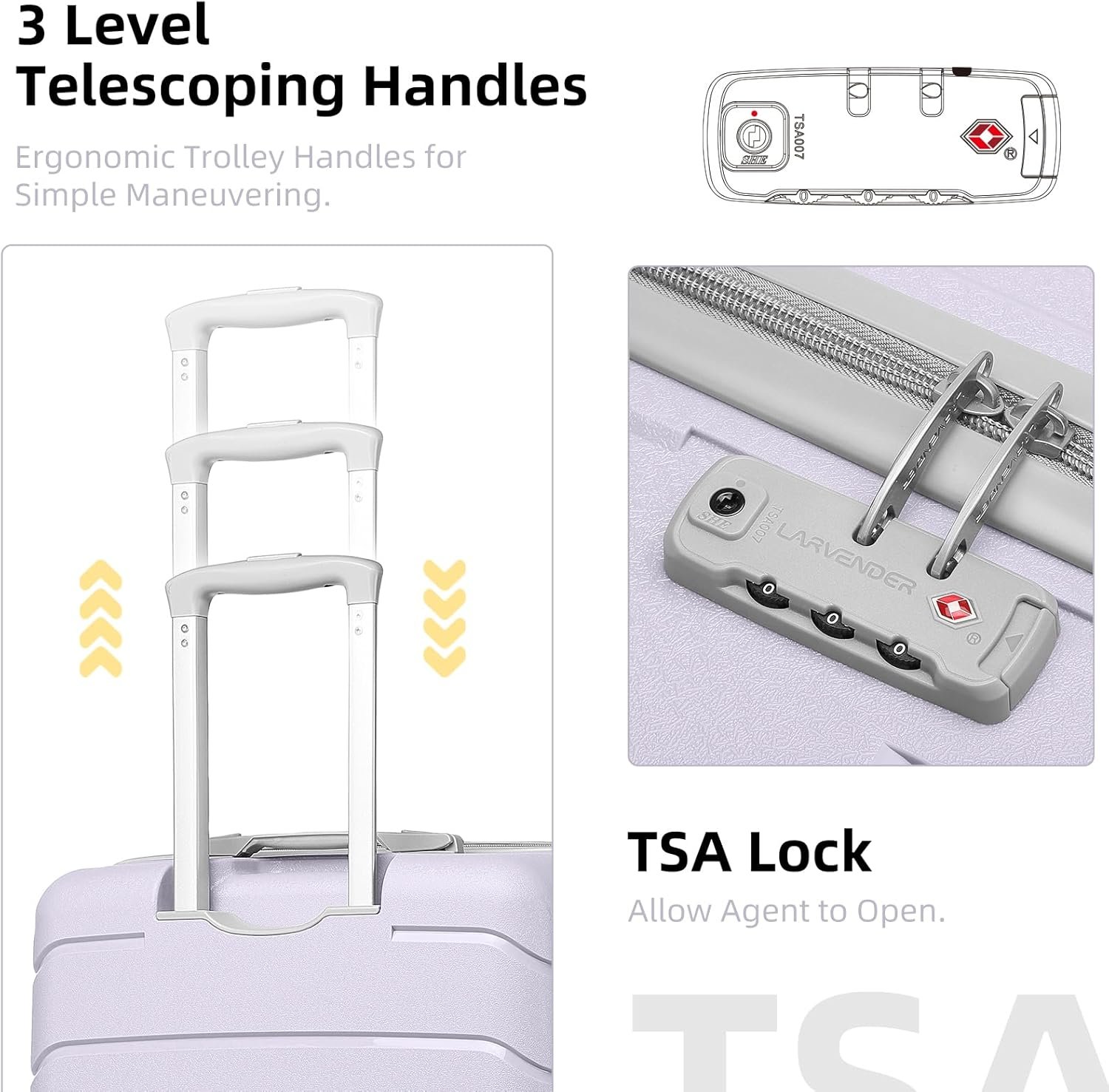 LARVENDER 3-Piece Carry On Luggage for Women,Hard Shell Suitcase 20Inch Carry On Luggage 22x14x9 Airline Approved, Spinner Wheel and TSA Lock(Lavender 20Inch/DB/TB) - Image 6