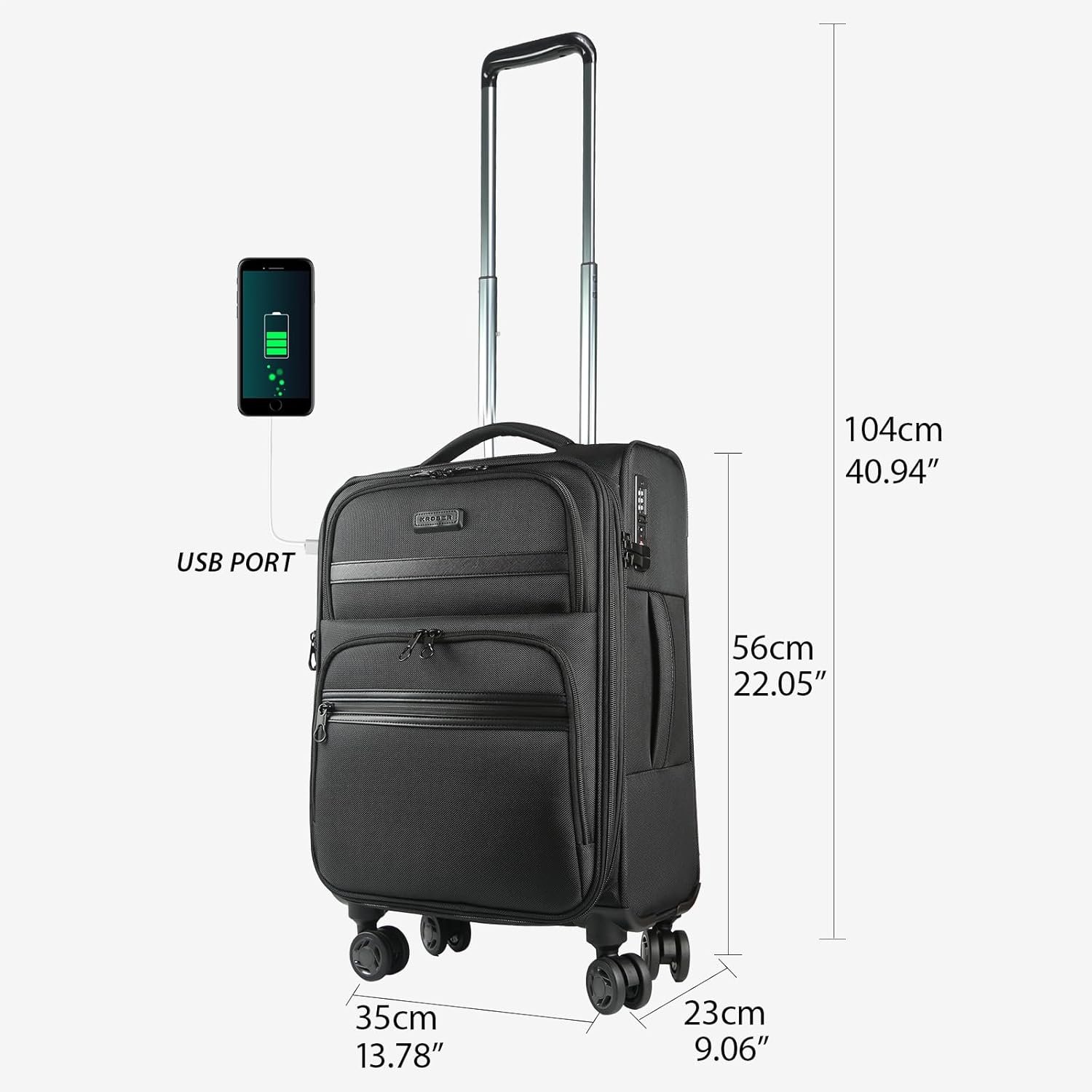 KROSER Softside Expandable Carry On Luggage with Spinner Wheels & Built-in TSA Lock, Durable Suitcase Rolling Luggage with USB Port, Carry-On 20-Inch, Black - Image 3