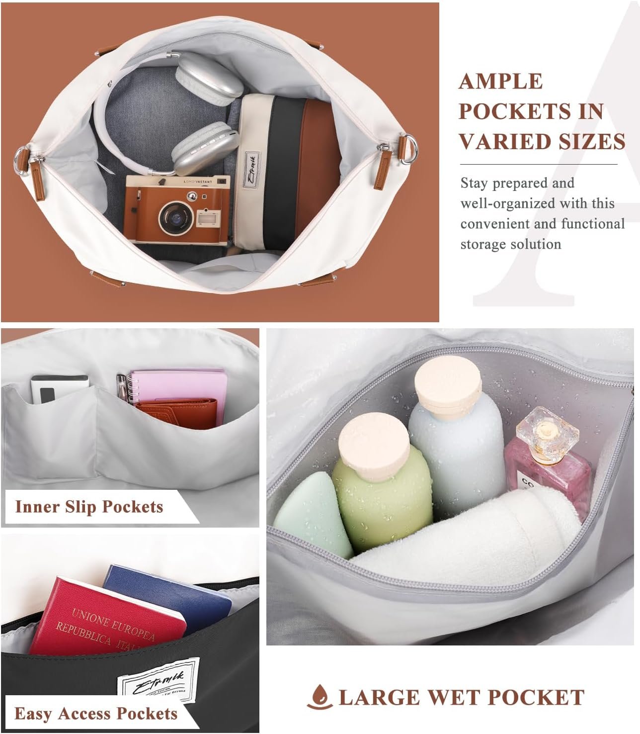 ETRONIK Weekender Bags for Women, Personal Item Travel Bag with Shoe Compartment, Carry On Overnight Bag with Toiletry Bag, Gym Bag with Wet Pocket, Duffel Bag for Travel, Sports, Hospital - Image 3