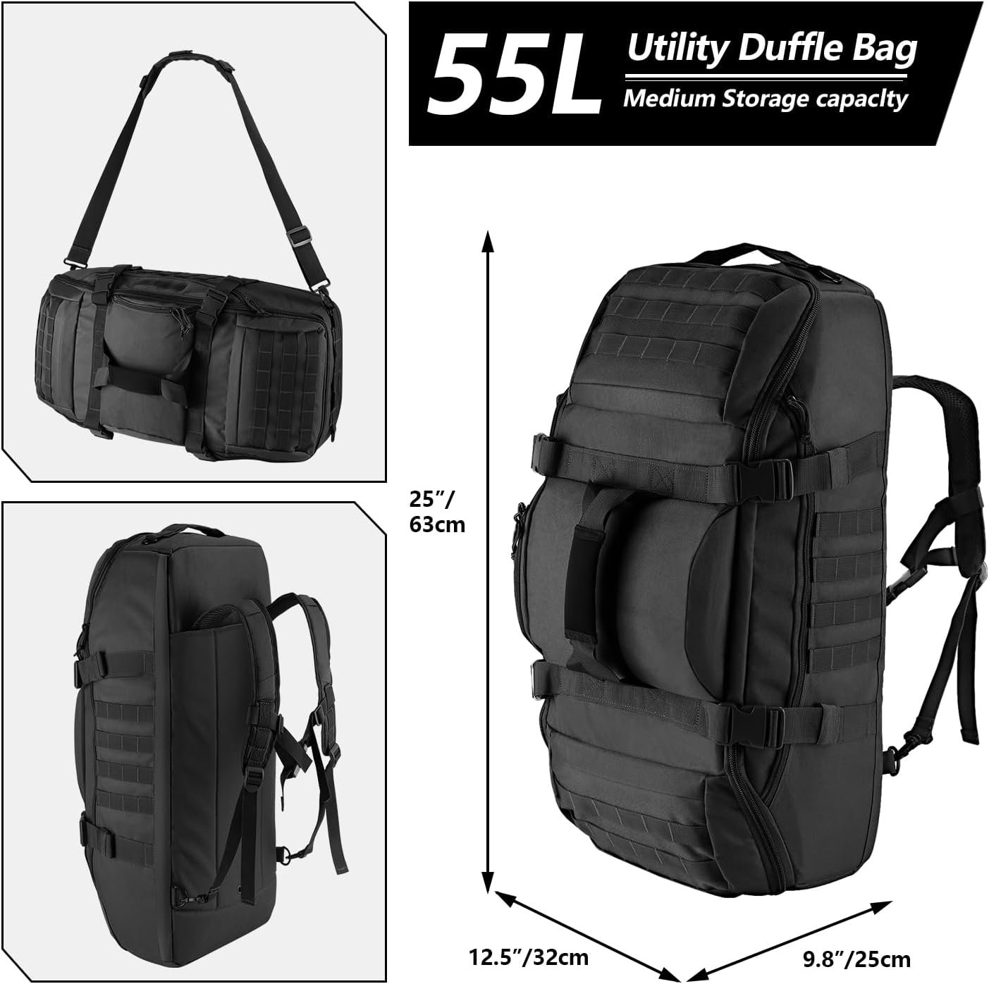55L Large Duffle Bag, 3-in-1 Tactical Backpack MOLLE Pack for Sports, Gym, Outdoor, Black - Image 3