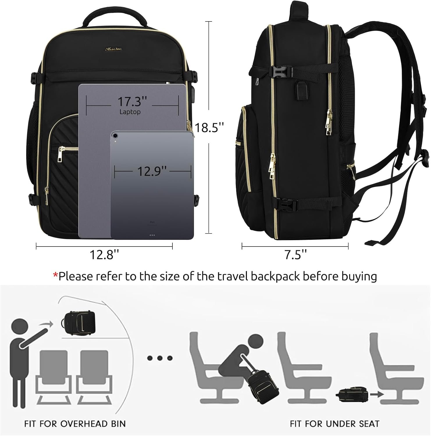 Travel Backpack for Women, Carry On Backpack for Airplanes Flight Approved, Waterproof Large Weekender Overnight Bag Fit 17 Inch Laptop with USB Charging Port, Black - Image 4