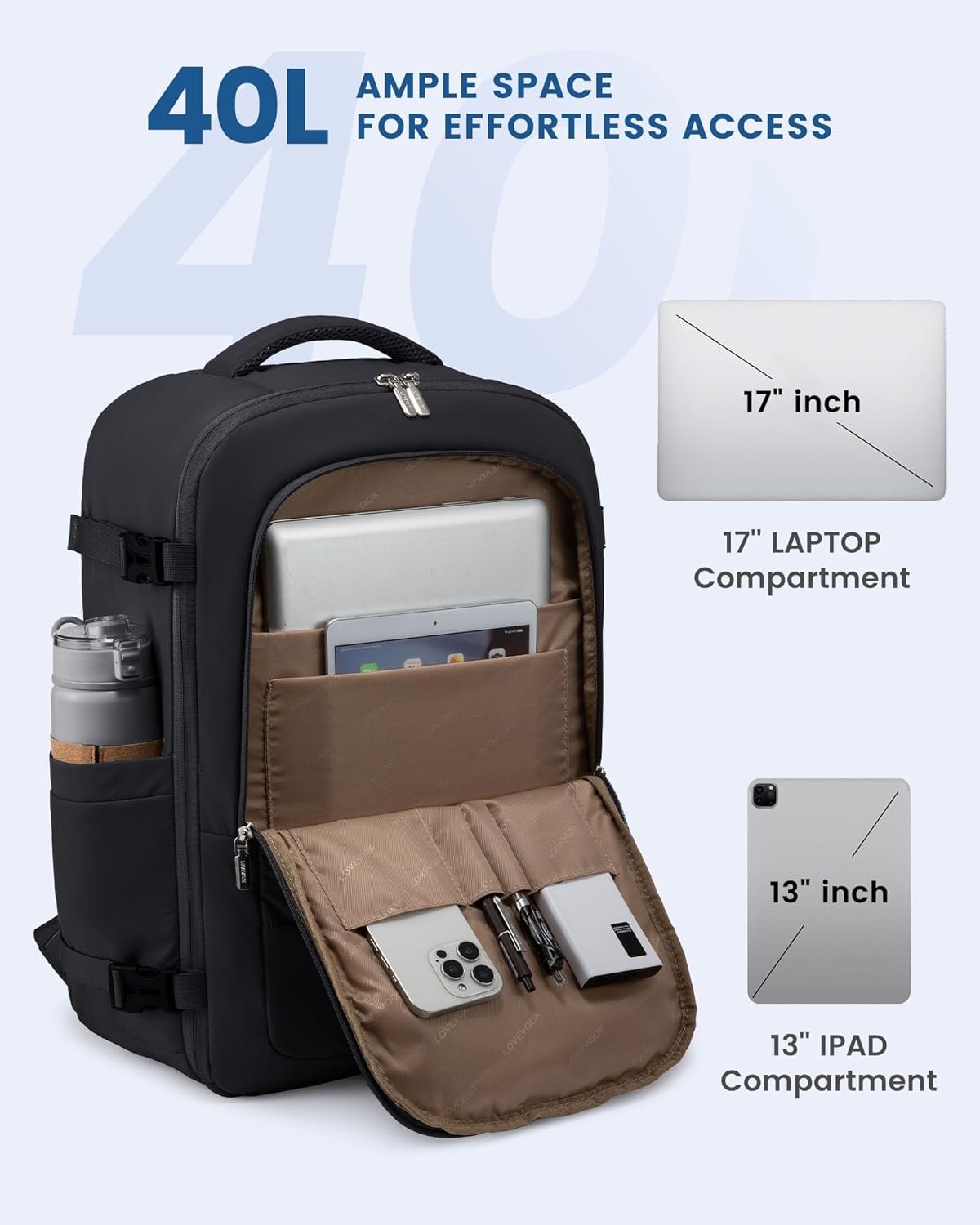 LOVEVOOK Travel Backpack for Women Men, 40L Lightweight Puffy Flight Approved Carry On Backpack Fits 17'' Laptop, TSA Personal Item Travel Bag, Waterproof Weekender Trip Work Luggage Daypack, Black - Image 5