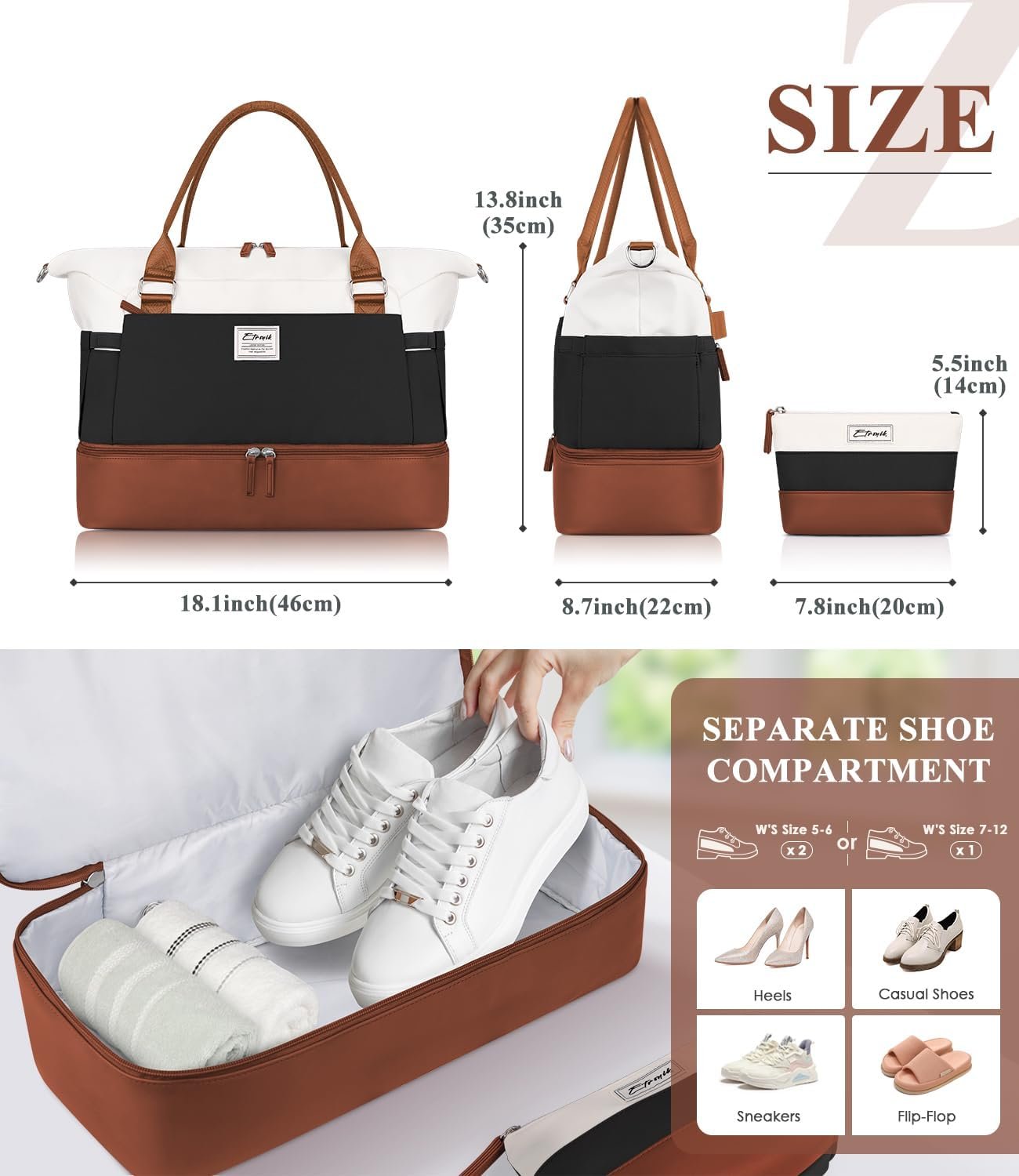 ETRONIK Weekender Bags for Women, Personal Item Travel Bag with Shoe Compartment, Carry On Overnight Bag with Toiletry Bag, Gym Bag with Wet Pocket, Duffel Bag for Travel, Sports, Hospital - Image 5