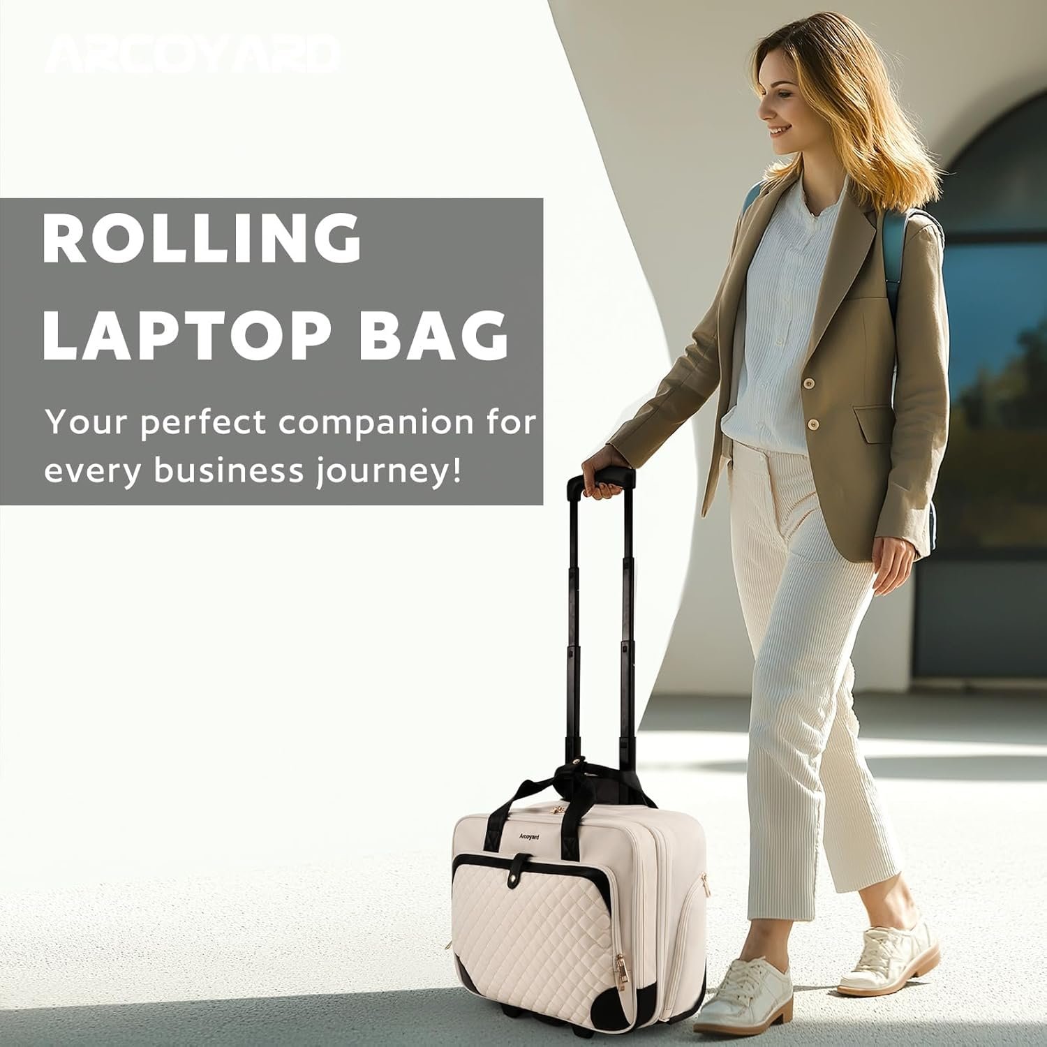 Rolling Laptop Bag Women, Rolling Briefcase for Women with Waterproof Pocket, 17.3 Inch Computer Bag for Women, Underseat Carry On Luggage with Wheels for Work Travel Business, Lightweight, Beige - Image 3