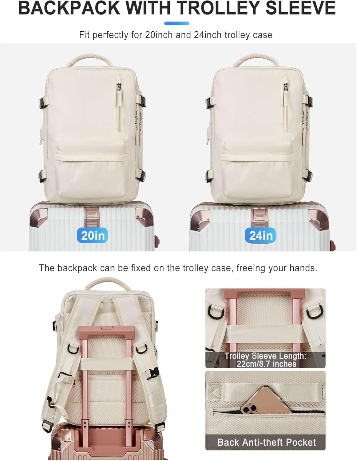 VGCUB Large Travel Work Business Backpack Carry on flight Approved 17 Inch Laptop Backpack for Women Men with Laptop Compartment Mochila de Viaje,Beige - Image 10