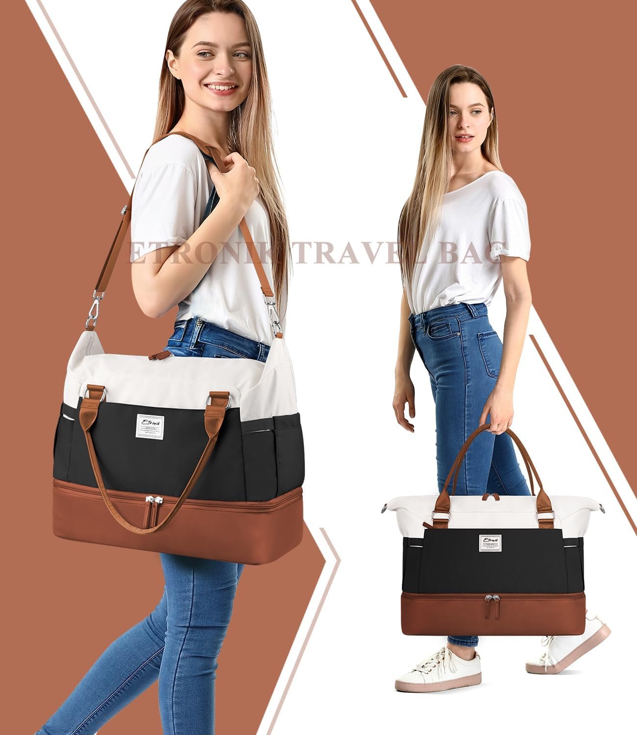 ETRONIK Weekender Bags for Women, Personal Item Travel Bag with Shoe Compartment, Carry On Overnight Bag with Toiletry Bag, Gym Bag with Wet Pocket, Duffel Bag for Travel, Sports, Hospital - Image 7