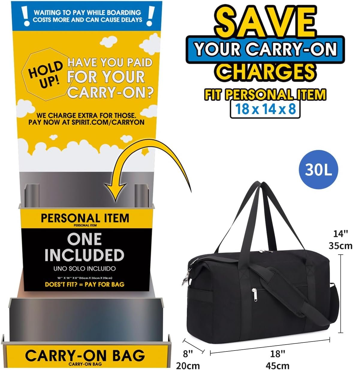 Narwey For Spirit Airlines Personal Item Bag 18x14x8 Foldable Duffle Bag for Travel Packable Duffel Bag for Traveling Carry on Bag for Airplanes Underseat with Wet Pocket for Women and Men (Black) - Image 3