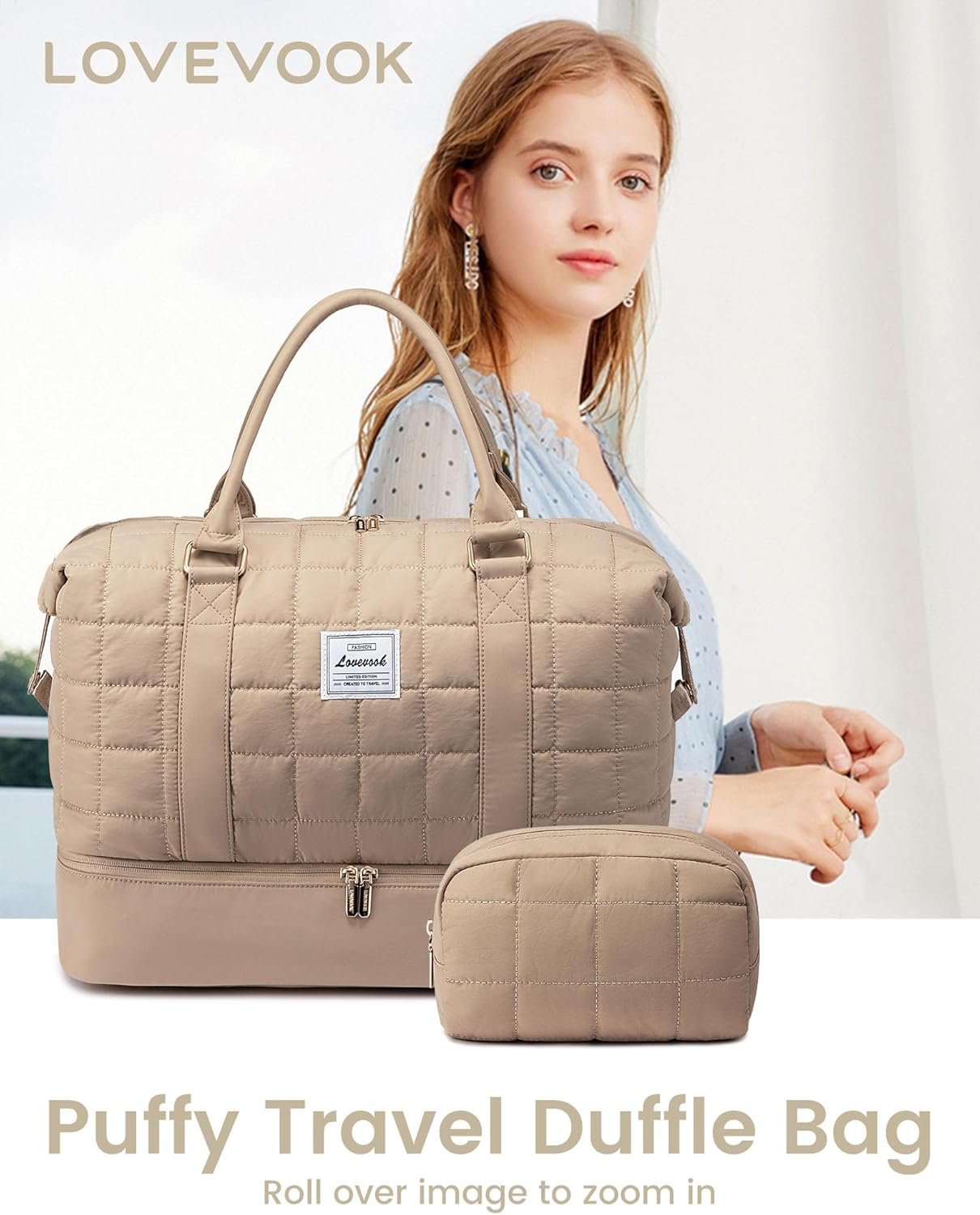 LOVEVOOK Large Duffle Bag for Travel, Puffer Weekend Bags for Women Travel Tote, Carry on Duffel Bag for Airplanes, 18 Inch Personal Item Bag Gym Bag Women, Coffee - Image 9