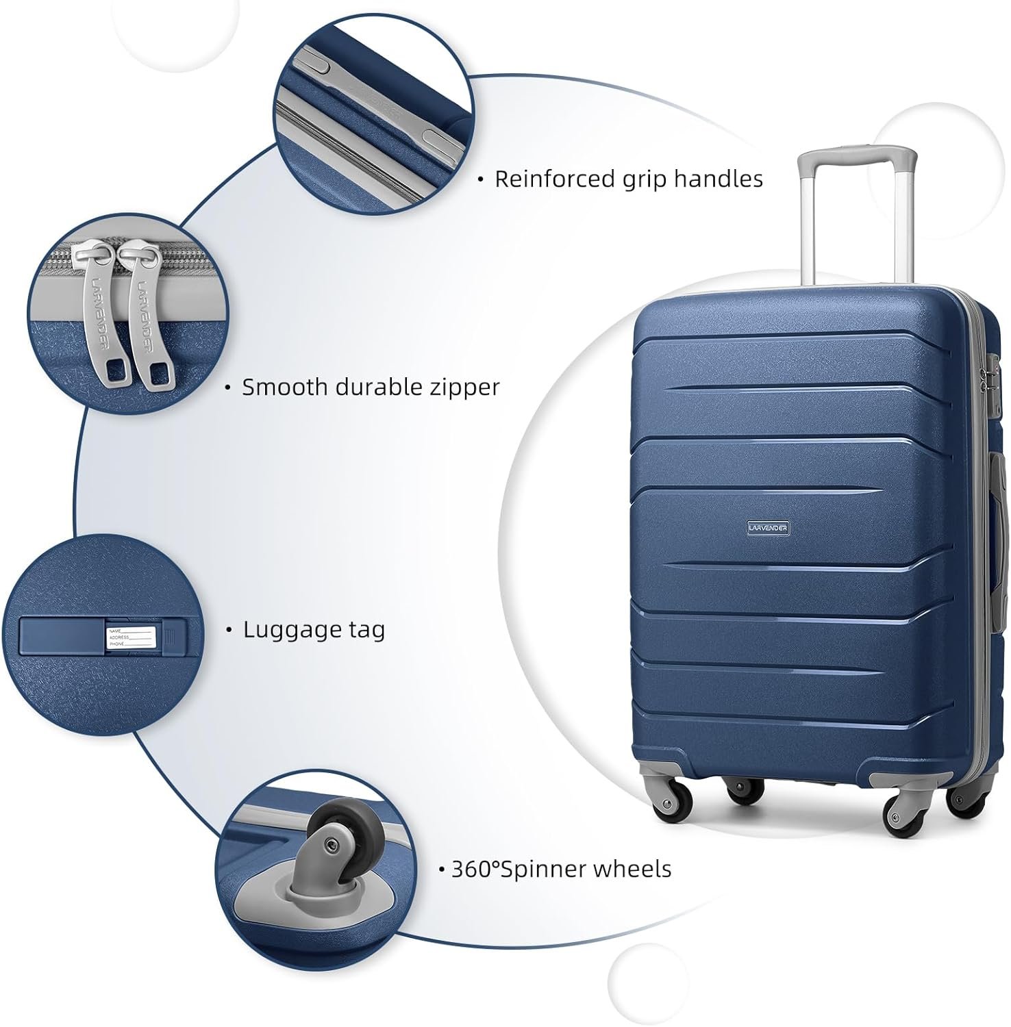 LARVENDER 3-Piece Carry On Luggage for Women,Hard Shell Suitcase 20Inch Carry On Luggage 22x14x9 Airline Approved, Spinner Wheel and TSA Lock(Navy 20Inch/DB/TB) - Image 5