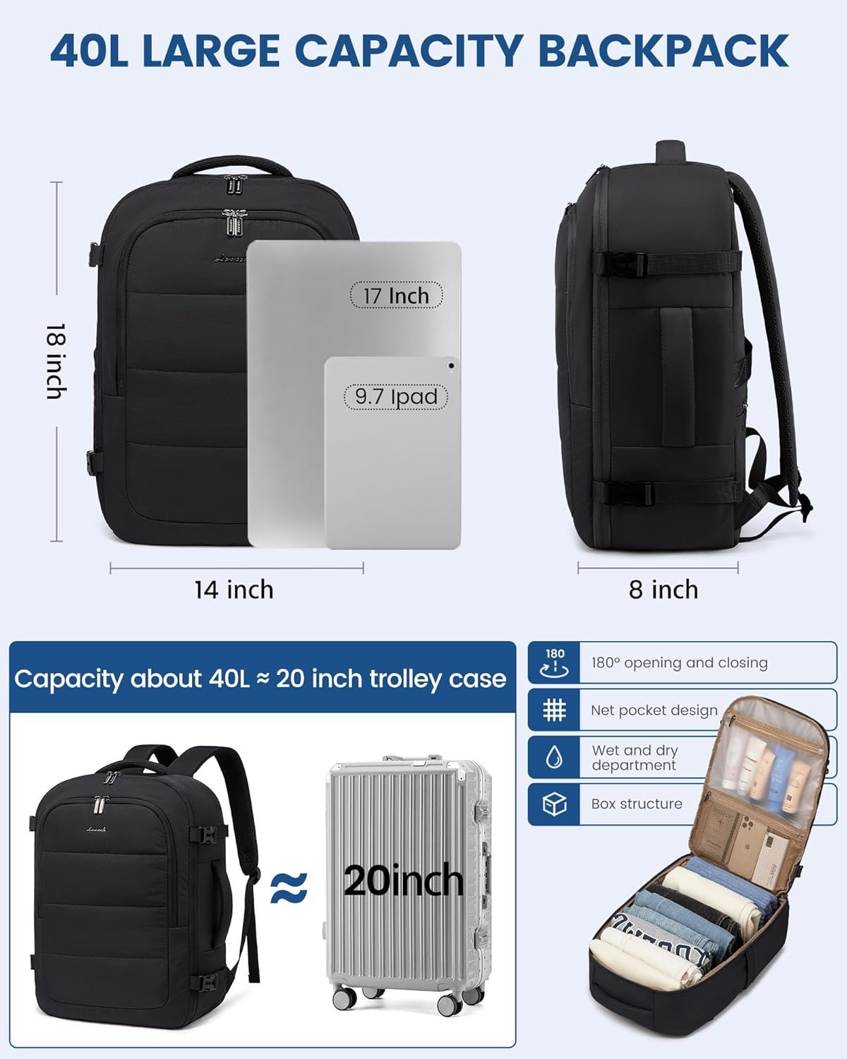 LOVEVOOK Travel Backpack for Women Men, 40L Lightweight Puffy Flight Approved Carry On Backpack Fits 17'' Laptop, TSA Personal Item Travel Bag, Waterproof Weekender Trip Work Luggage Daypack, Black - Image 6