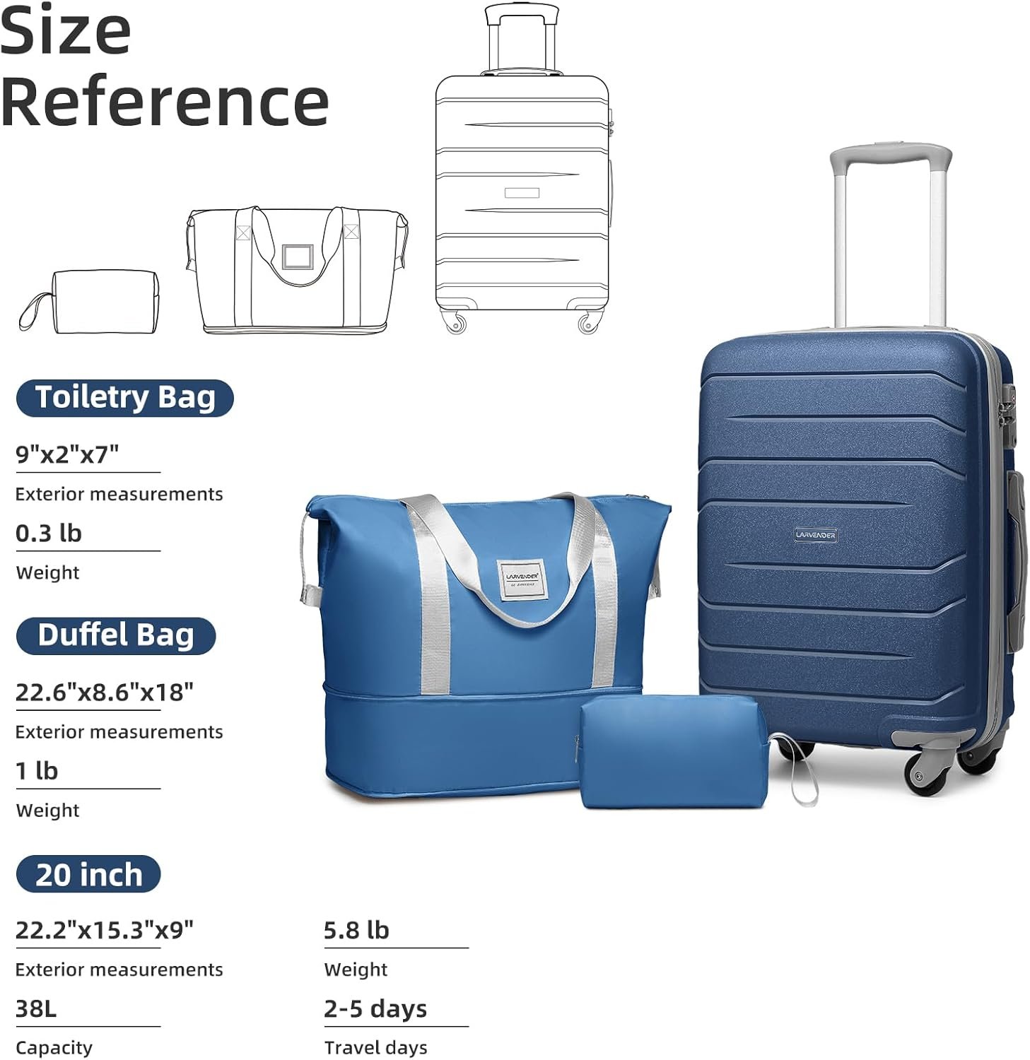 LARVENDER 3-Piece Carry On Luggage for Women,Hard Shell Suitcase 20Inch Carry On Luggage 22x14x9 Airline Approved, Spinner Wheel and TSA Lock(Navy 20Inch/DB/TB) - Image 7