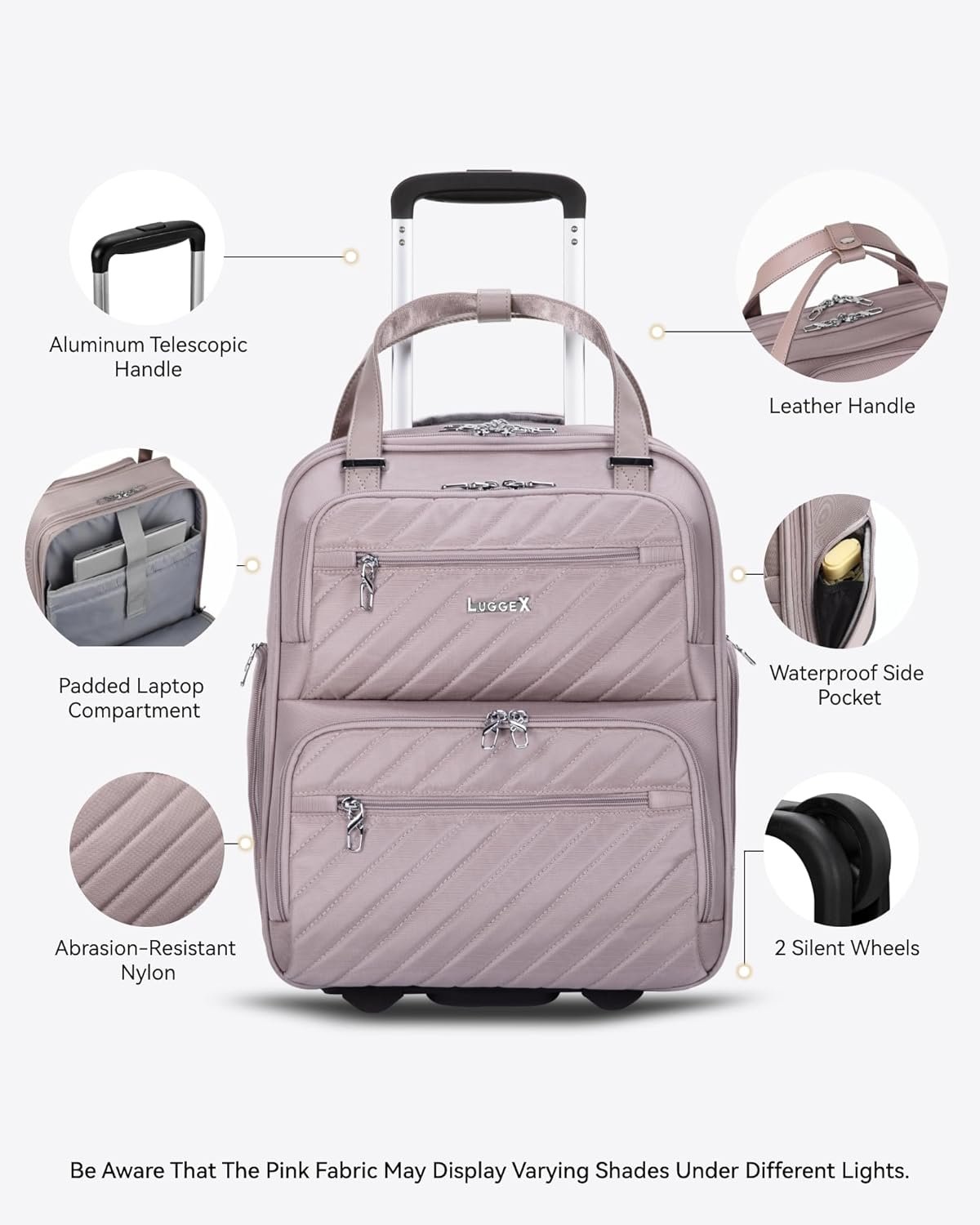 LUGGEX Underseat Carry On Luggage with Wheels, Stylish Lightweight Under Seat Luggage, Soft Sided Personal Item Suitcase for Short Trip (Grey Pink, 16 Inch) - Image 4
