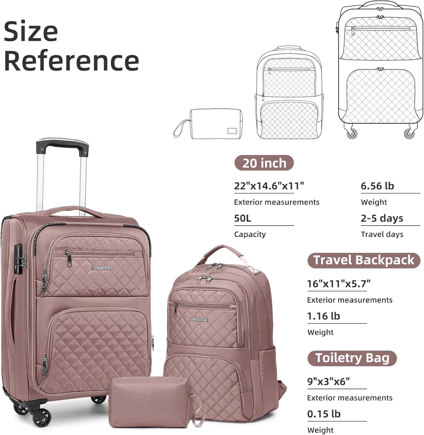 LARVENDER Softside Carry On Luggage 3 Piece, Expandable Carry On Luggage 22x14x9 Airline Approved 20-inch Carry on Suitcase with Spinner Wheels for Men Women, TSA Lock, Pink (20/BP/TB) - Image 8