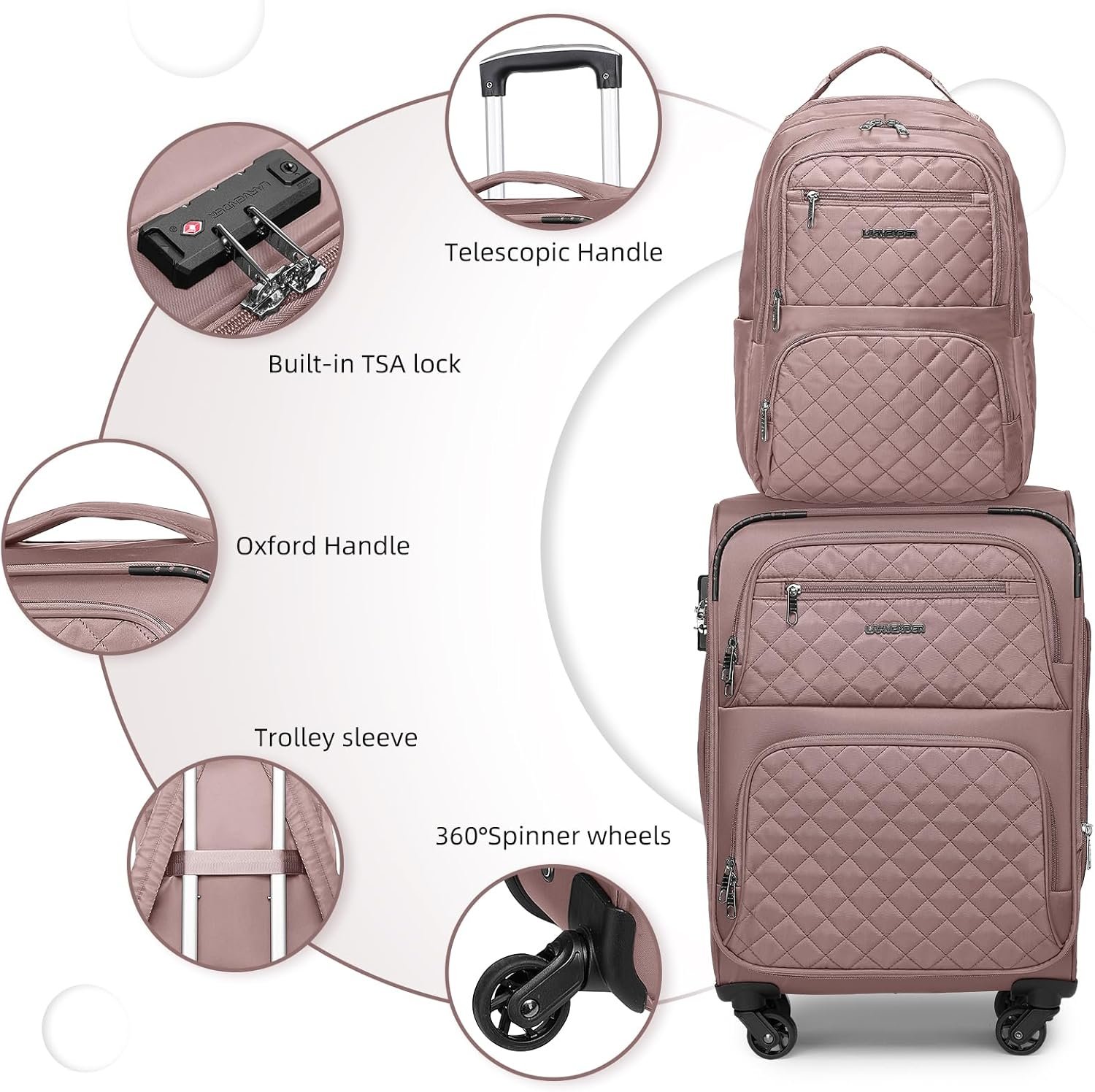LARVENDER Softside Carry On Luggage 3 Piece, Expandable Carry On Luggage 22x14x9 Airline Approved 20-inch Carry on Suitcase with Spinner Wheels for Men Women, TSA Lock, Pink (20/BP/TB) - Image 6