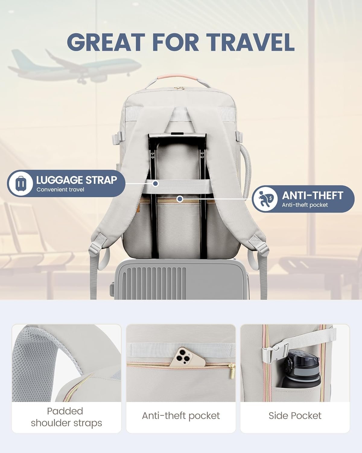 LOVEVOOK Carry on Travel Backpack, 40L Waterproof Large 17inch Laptop Luggage Daypack as Personal Item Flight Approved, Business Weekender Overnight with 3 Packing Cubes, Light gray-Pink - Image 9