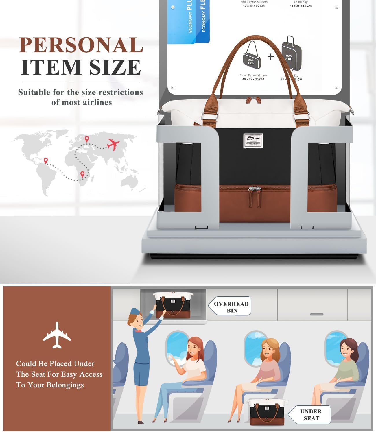 ETRONIK Weekender Bags for Women, Personal Item Travel Bag with Shoe Compartment, Carry On Overnight Bag with Toiletry Bag, Gym Bag with Wet Pocket, Duffel Bag for Travel, Sports, Hospital - Image 6