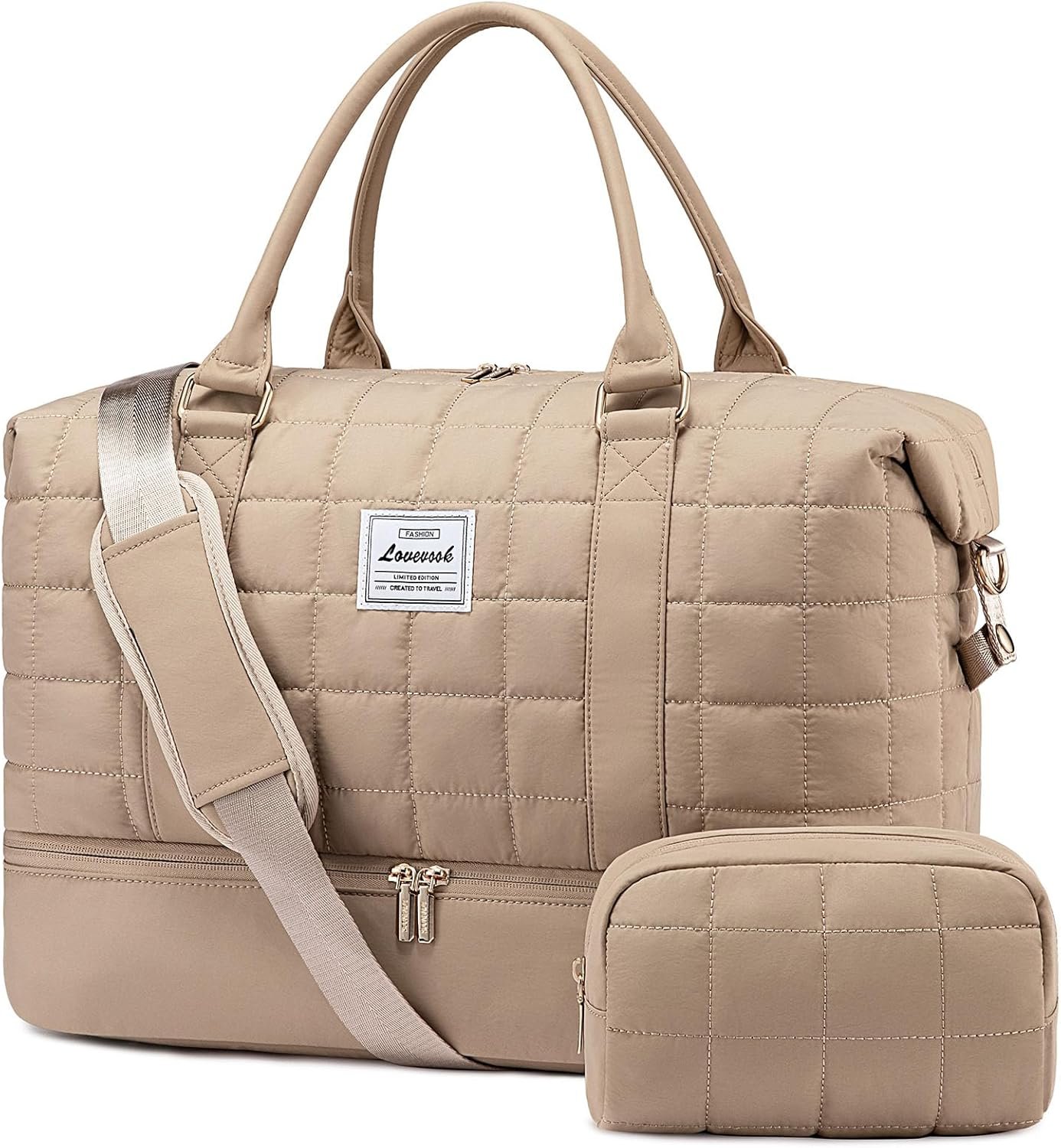 LOVEVOOK Large Duffle Bag for Travel, Puffer Weekend Bags for Women Travel Tote, Carry on Duffel Bag for Airplanes, 18 Inch Personal Item Bag Gym Bag Women, Coffee - Image 2