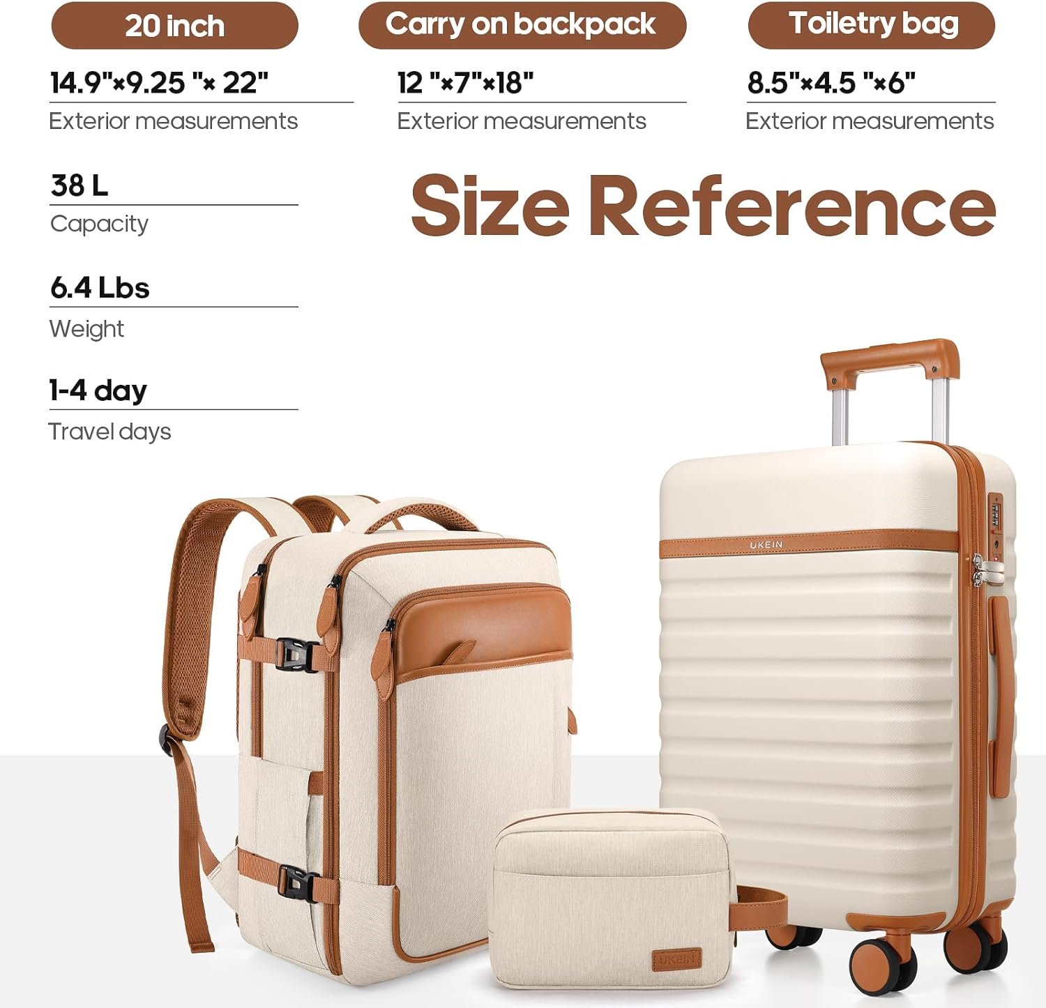 Luggage Sets 3 Piece, Carry On Luggage 20 Inch With Spinner Wheels,PC Hardside Suitcase Set with TSA Lock,Durable Carry On Suitcase With Travel Backpack for Men (Beige, 3 piece set (20inch)) - Image 8