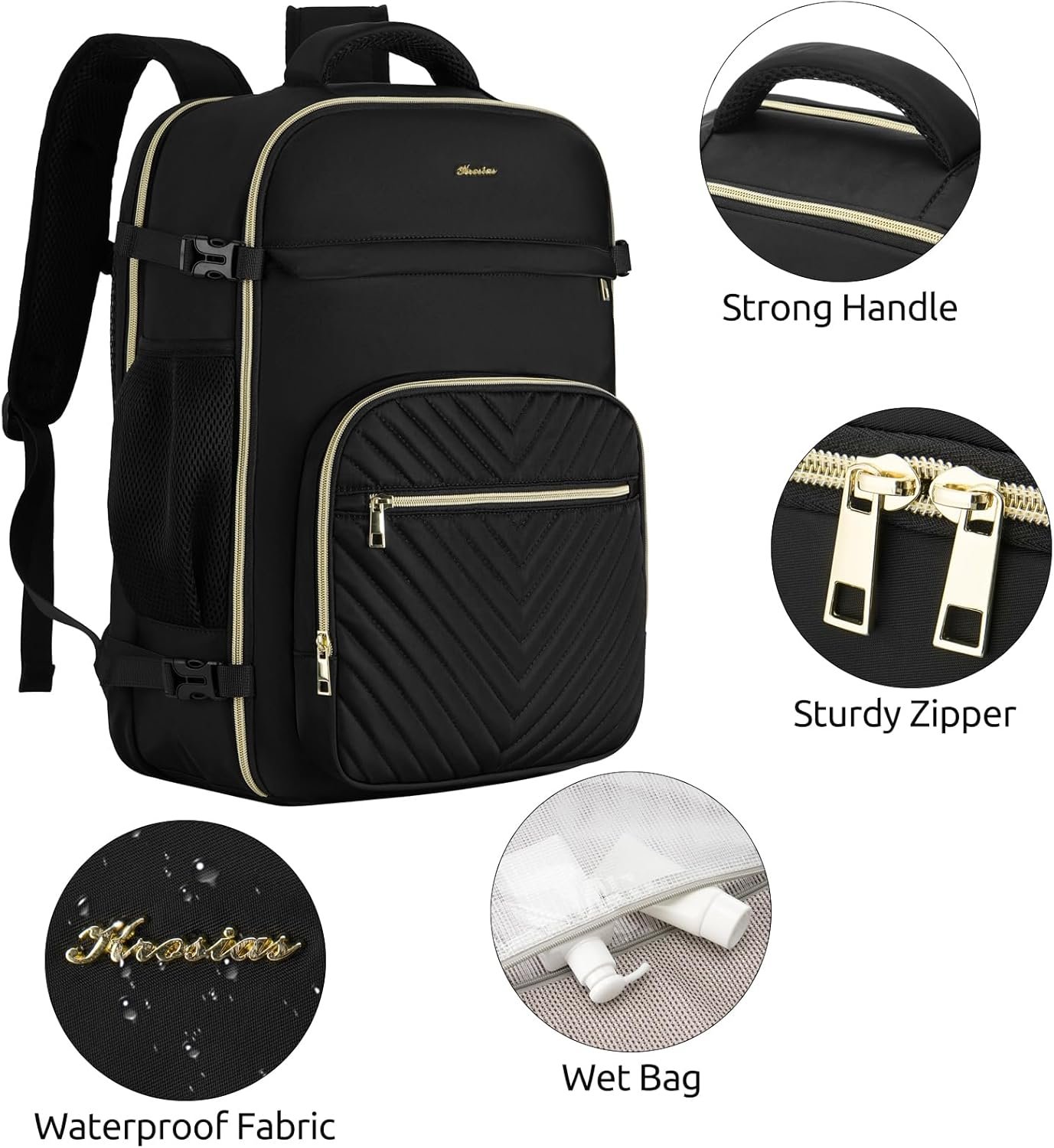 Travel Backpack for Women, Carry On Backpack for Airplanes Flight Approved, Waterproof Large Weekender Overnight Bag Fit 17 Inch Laptop with USB Charging Port, Black - Image 5