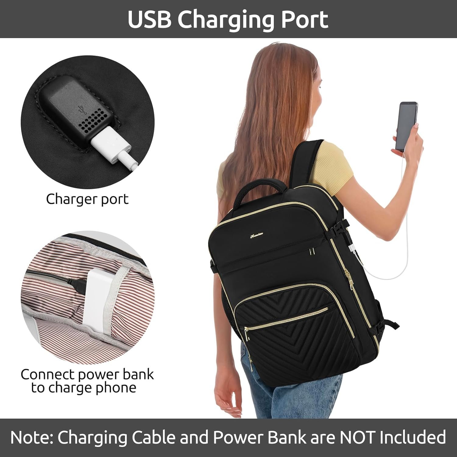 Travel Backpack for Women, Carry On Backpack for Airplanes Flight Approved, Waterproof Large Weekender Overnight Bag Fit 17 Inch Laptop with USB Charging Port, Black - Image 7