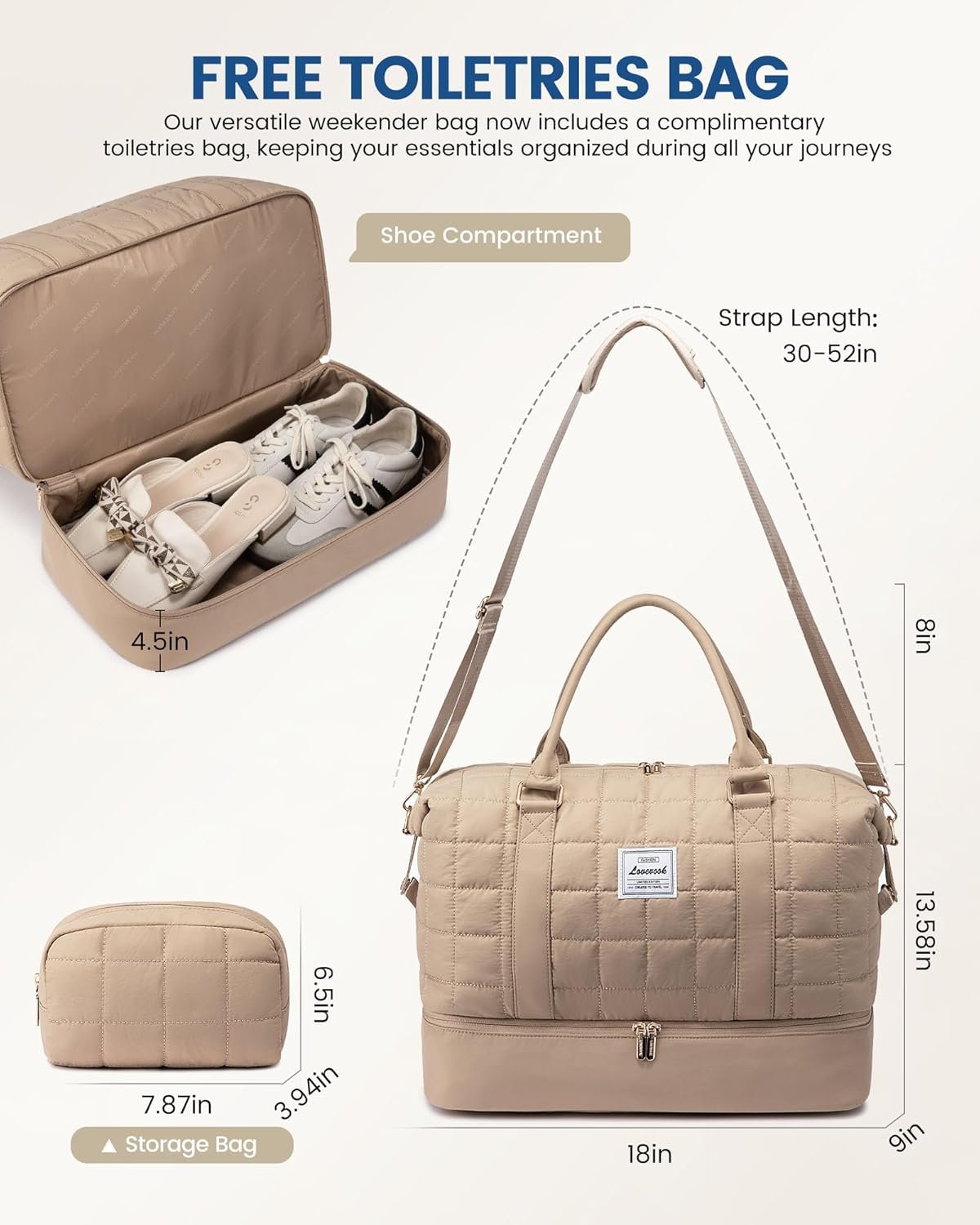 LOVEVOOK Large Duffle Bag for Travel, Puffer Weekend Bags for Women Travel Tote, Carry on Duffel Bag for Airplanes, 18 Inch Personal Item Bag Gym Bag Women, Coffee - Image 3