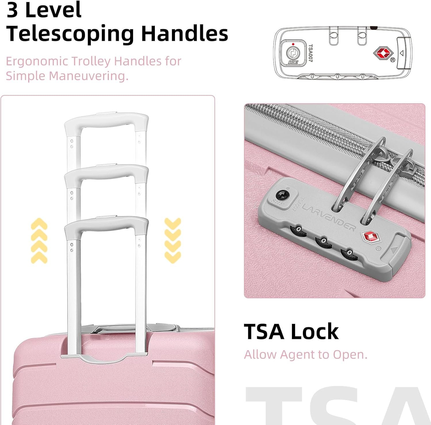 LARVENDER 3-Piece Carry On Luggage for Women,Hard Shell Suitcase 20Inch Carry On Luggage 22x14x9 Airline Approved, Spinner Wheel and TSA Lock(Pink 20Inch/DB/TB) - Image 6