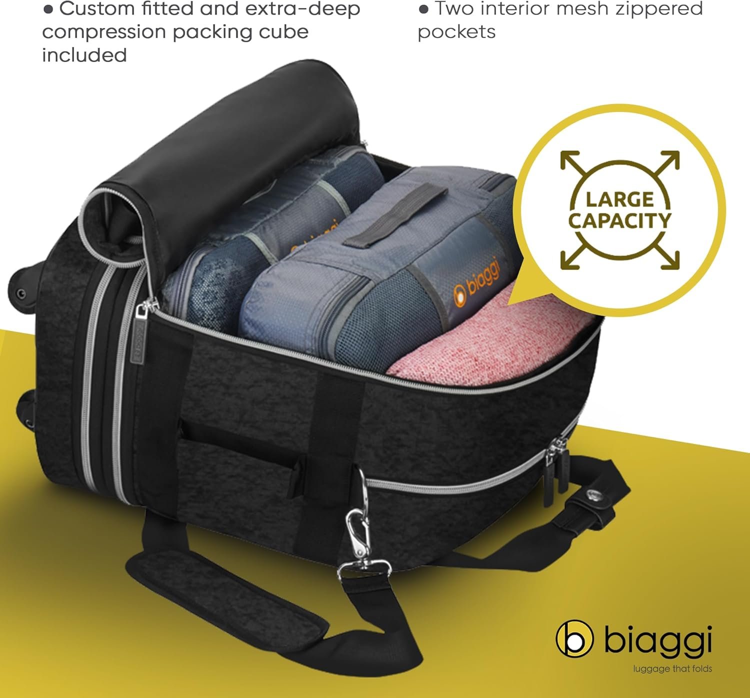 biaggi Zipsak Boost! Foldable Underseat Carry-On Expands to Full Size Carry-On - Custom Sized Packing Cube Included (Black) - Image 4