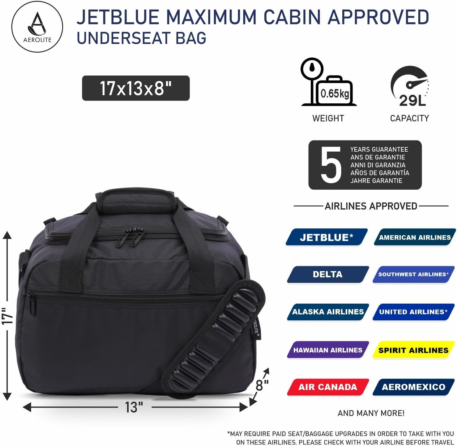 Aerolite Underseat 17x13x8” jetBlue Airline Maximum Size Carry On Holdall with 5 Year Guarantee, Premium Carry On Personal Item Eco-Friendly Travel Duffel Bag - Image 3