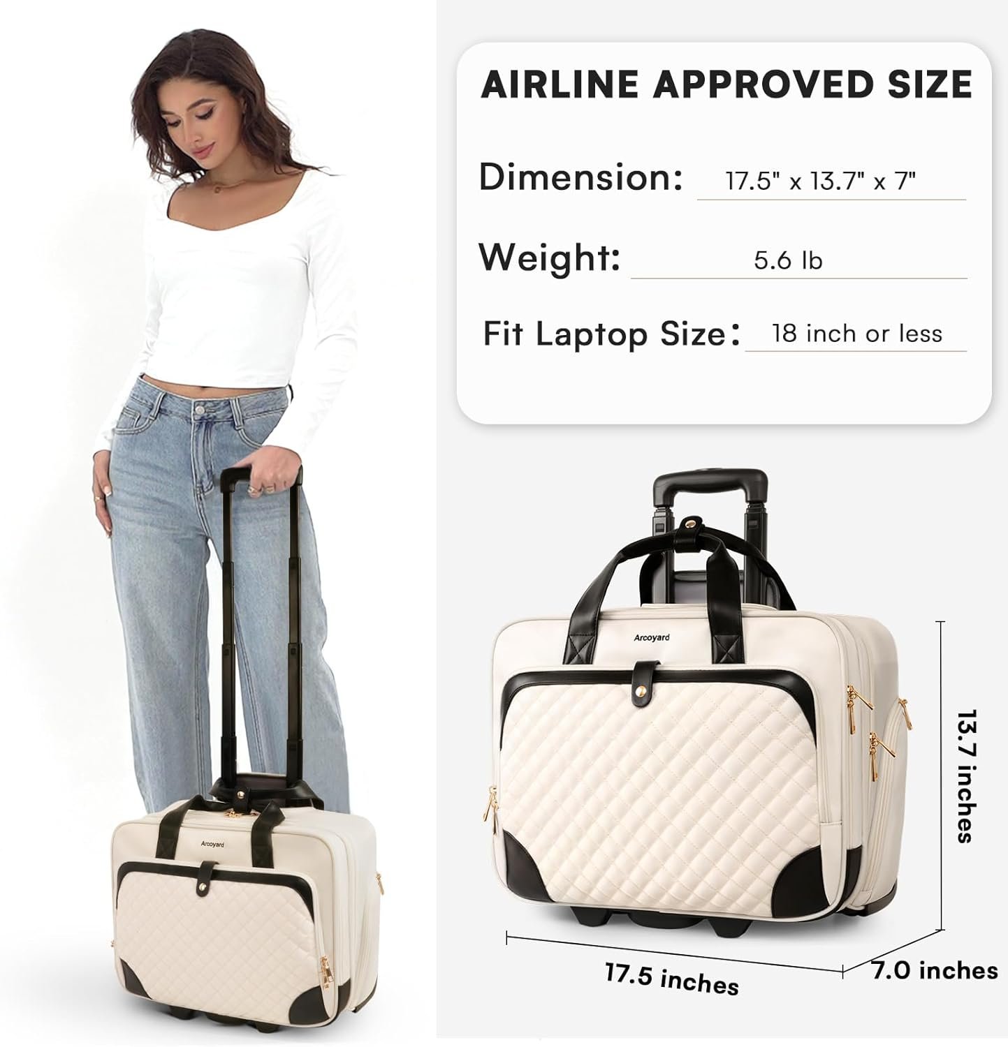 Rolling Laptop Bag Women, Rolling Briefcase for Women with Waterproof Pocket, 17.3 Inch Computer Bag for Women, Underseat Carry On Luggage with Wheels for Work Travel Business, Lightweight, Beige - Image 8