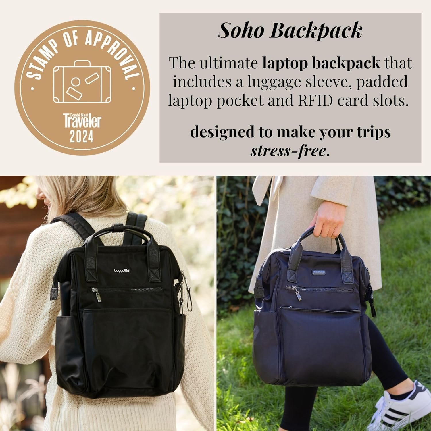 Baggallini Soho Backpack - Travel Laptop Backpack for Women - Lightweight Water-Resistant Luggage Bag, Black - Image 3