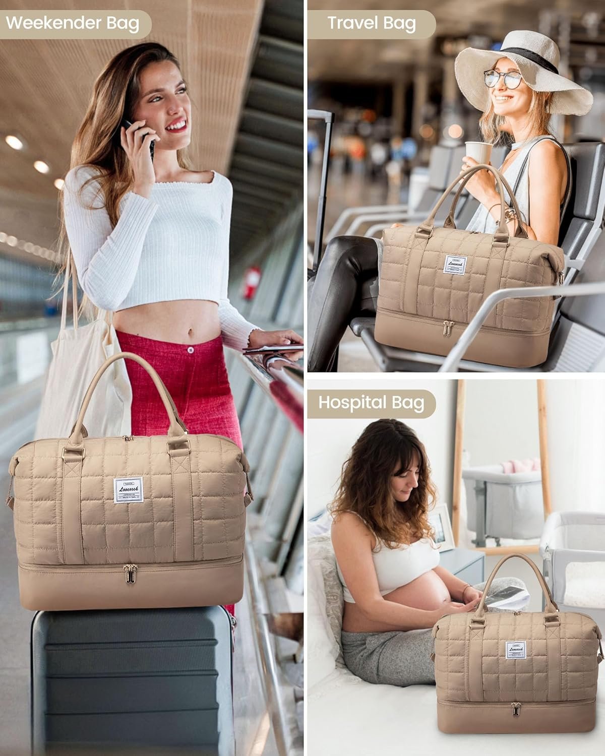 LOVEVOOK Large Duffle Bag for Travel, Puffer Weekend Bags for Women Travel Tote, Carry on Duffel Bag for Airplanes, 18 Inch Personal Item Bag Gym Bag Women, Coffee - Image 8