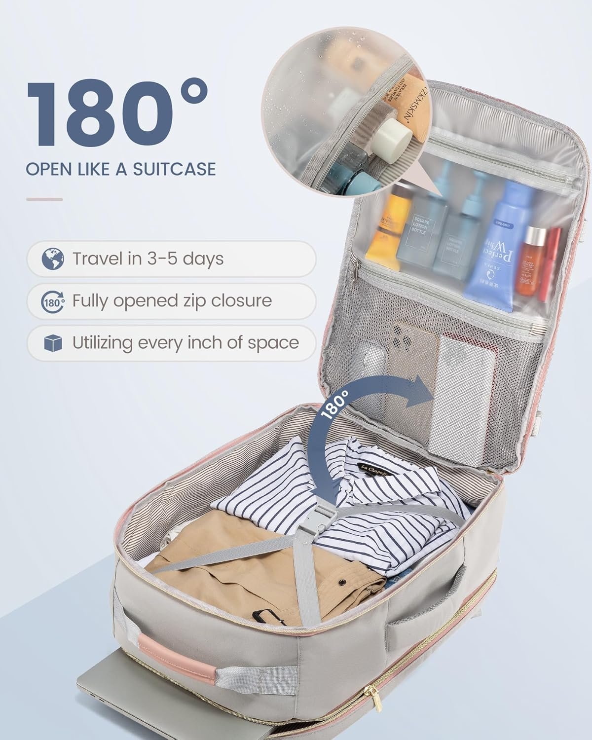 LOVEVOOK Carry on Travel Backpack, 40L Waterproof Large 17inch Laptop Luggage Daypack as Personal Item Flight Approved, Business Weekender Overnight with 3 Packing Cubes, Light gray-Pink - Image 5