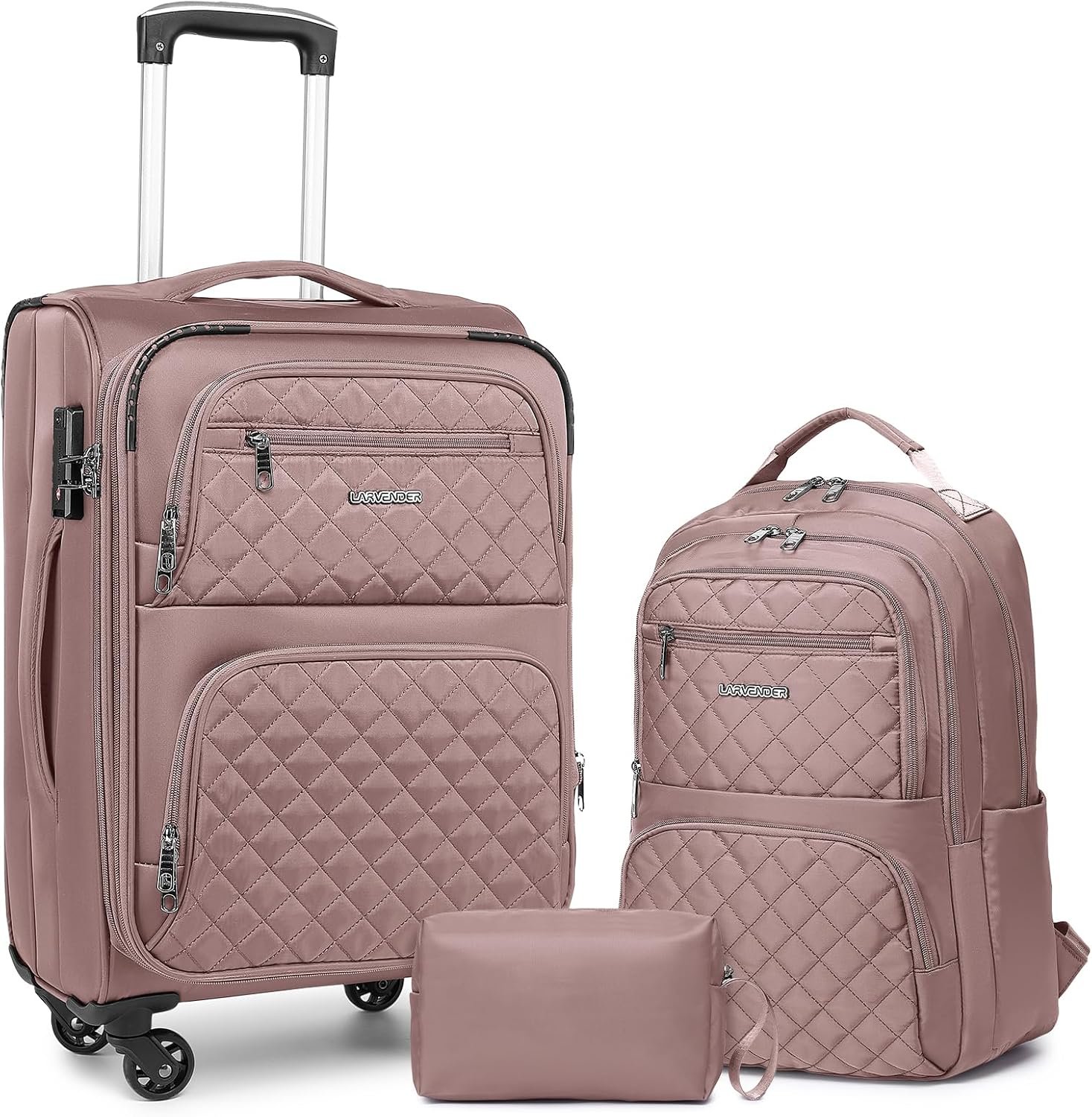 LARVENDER Softside Carry On Luggage 3 Piece, Expandable Carry On Luggage 22x14x9 Airline Approved 20-inch Carry on Suitcase with Spinner Wheels for Men Women, TSA Lock, Pink (20/BP/TB) - Image 2