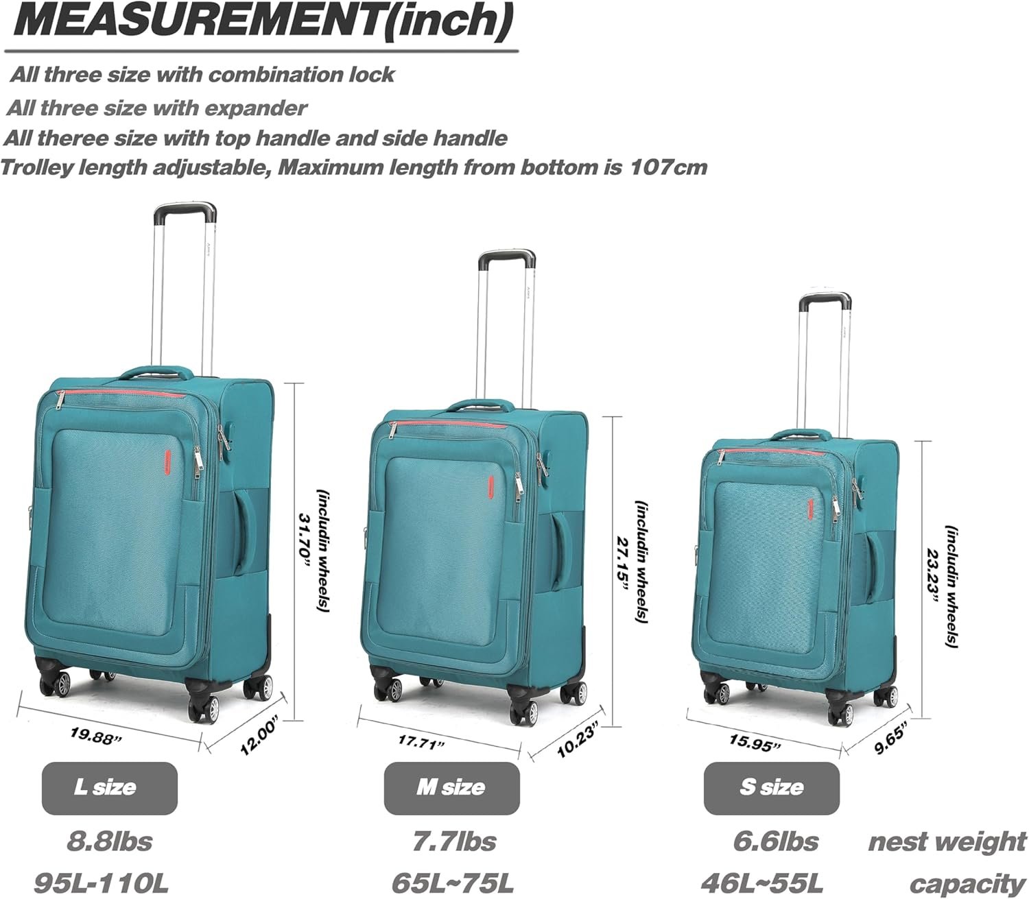 Luggage Sets 3Piece Softside Extra Large Size Expandable Lightweight Durable Suitcase Sets Double Spinner Wheels Combination Lock Blue Luggage For Overseas Journey(21in/25in/29in)(Teal) - Image 7