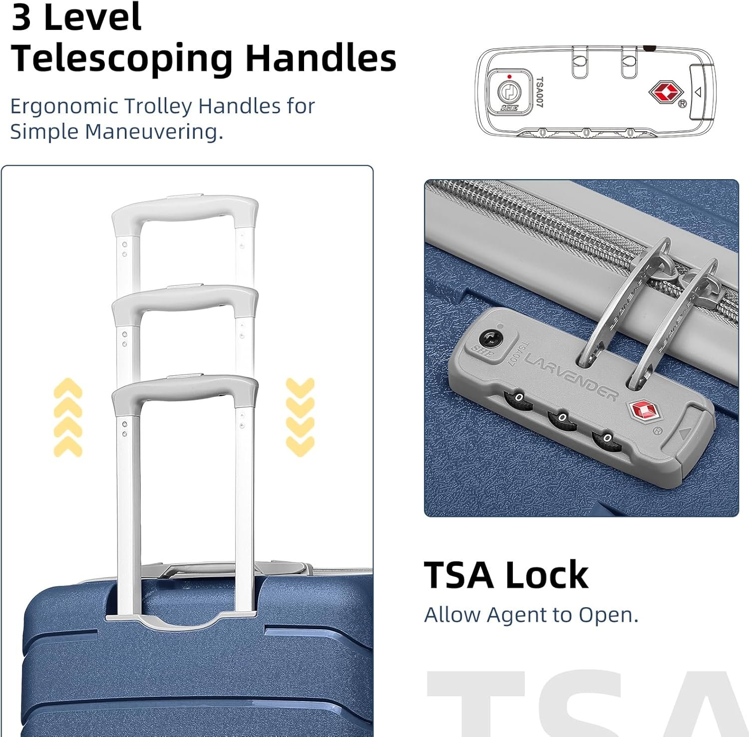 LARVENDER 3-Piece Carry On Luggage for Women,Hard Shell Suitcase 20Inch Carry On Luggage 22x14x9 Airline Approved, Spinner Wheel and TSA Lock(Navy 20Inch/DB/TB) - Image 6