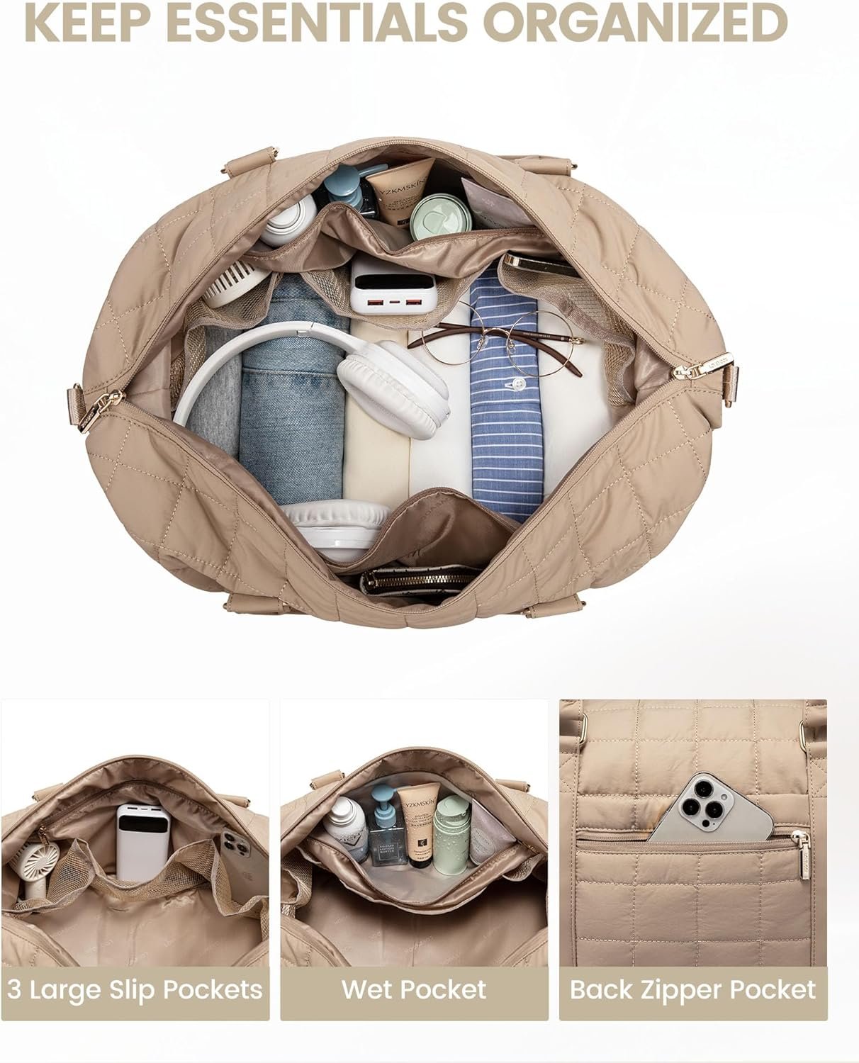 LOVEVOOK Large Duffle Bag for Travel, Puffer Weekend Bags for Women Travel Tote, Carry on Duffel Bag for Airplanes, 18 Inch Personal Item Bag Gym Bag Women, Coffee - Image 6