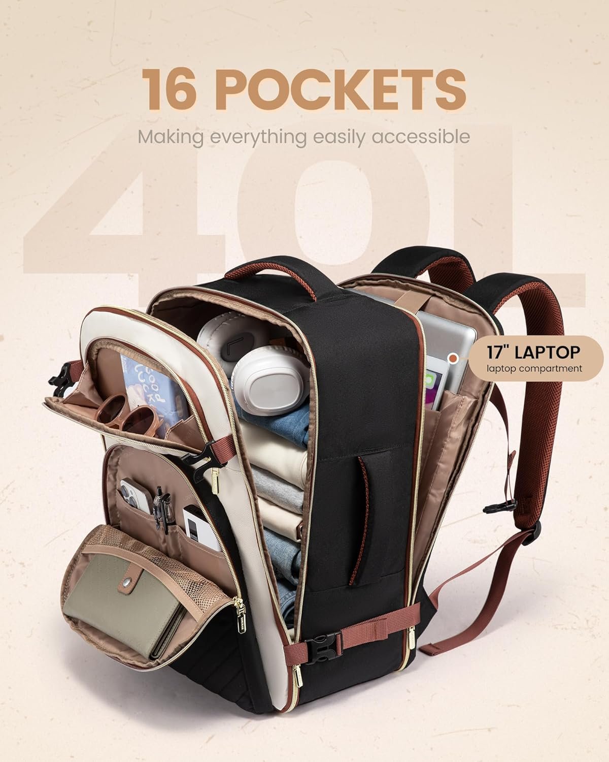 LOVEVOOK Travel Backpack Carry on Flight Approved 40L,Waterproof TSA Travel Essentials Personal Item Backpack for Women Men,Large Carry on Luggage Suitcase Travel Bag for Airplane with 3 Packing Cubes - Image 5