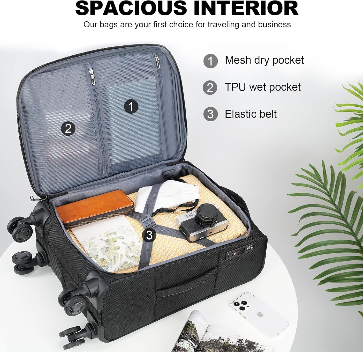 KROSER Softside Expandable Carry On Luggage with Spinner Wheels & Built-in TSA Lock, Durable Suitcase Rolling Luggage with USB Port, Carry-On 20-Inch, Black - Image 4